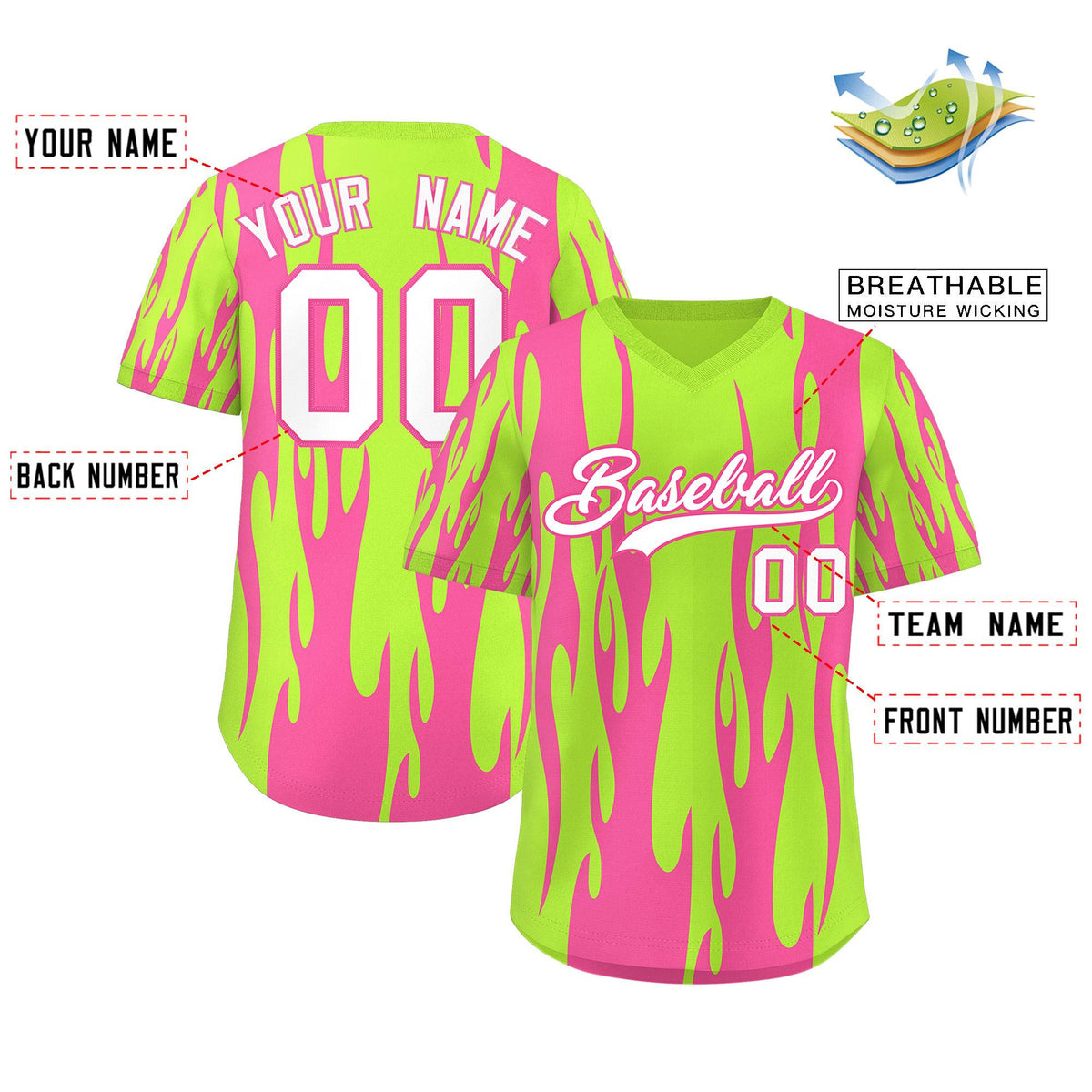 Custom Neon Green Pink Flame Pattern Authentic Pullover Baseball Jersey