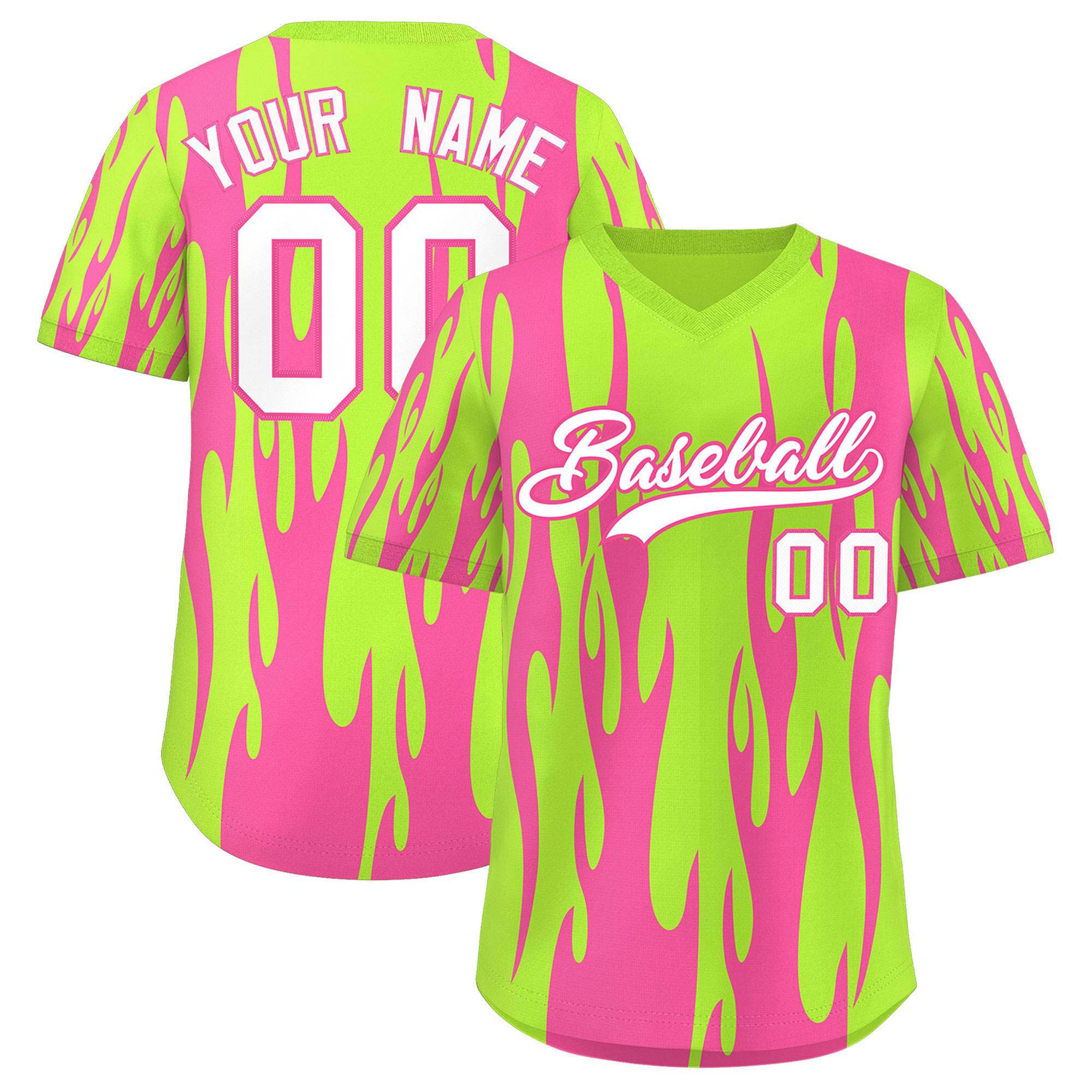 Custom Neon Green Pink Flame Pattern Authentic Pullover Baseball Jersey