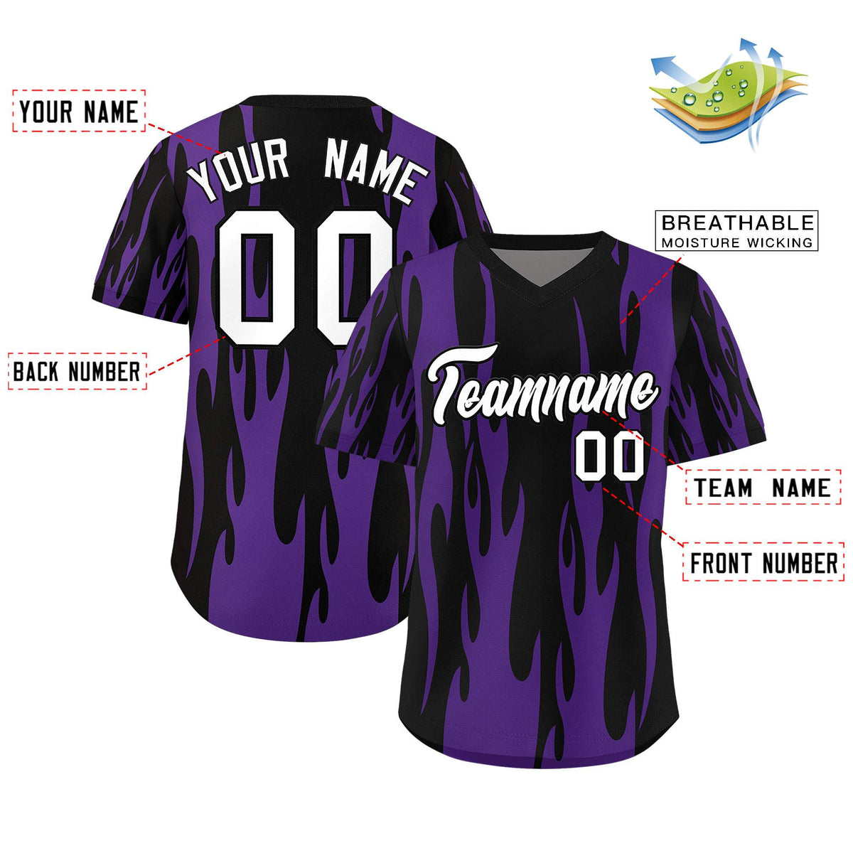 Custom Black Purple Flame Pattern Authentic Pullover Baseball Jersey