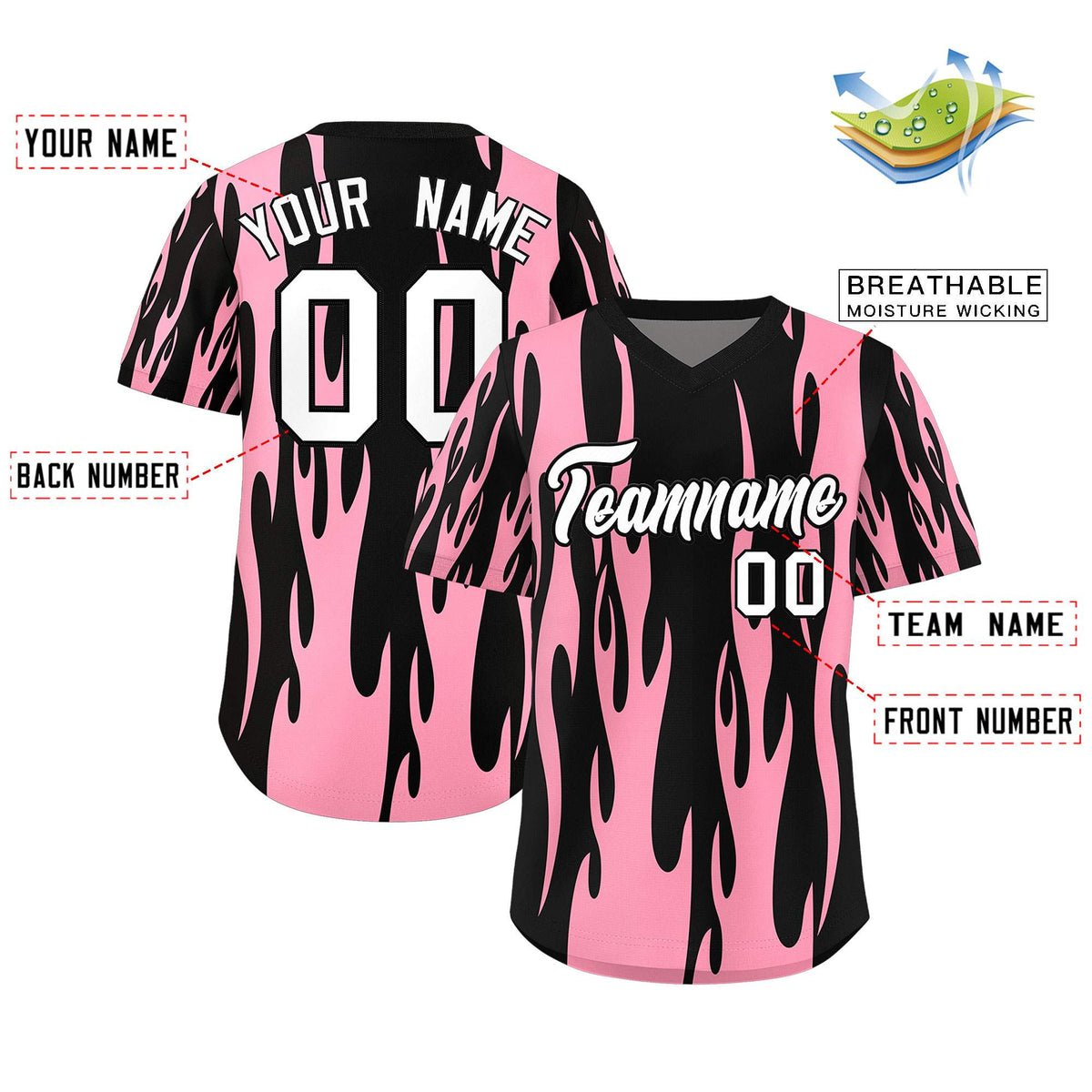 Custom Black Light Pink Flame Pattern Authentic Pullover Baseball Jersey