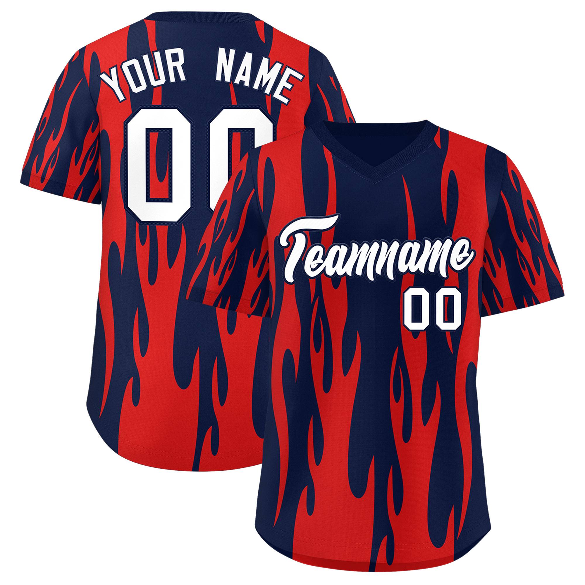 Custom Navy Red Flame Pattern Authentic Pullover Baseball Jersey
