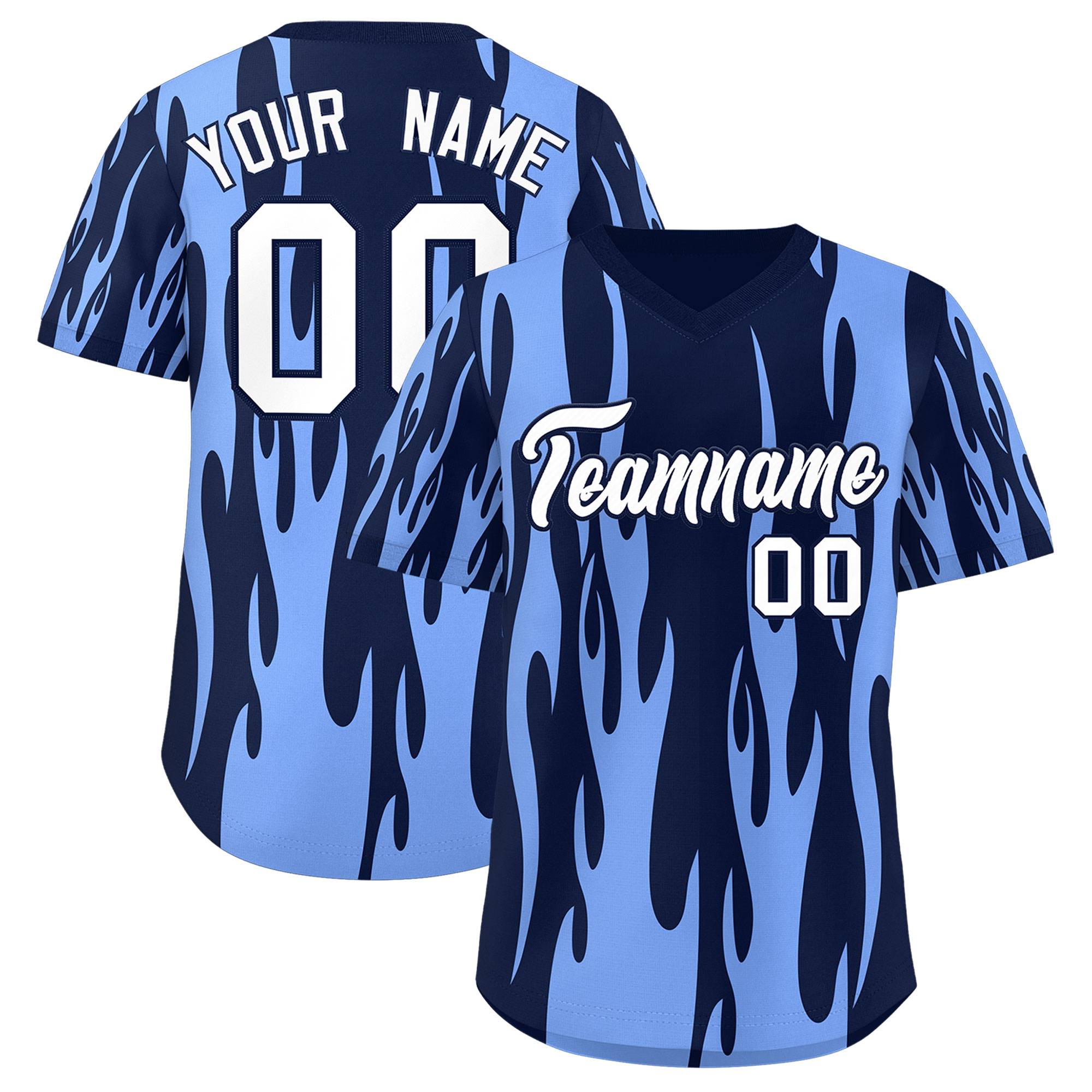 Custom Navy Light Blue Flame Pattern Authentic Pullover Baseball Jersey