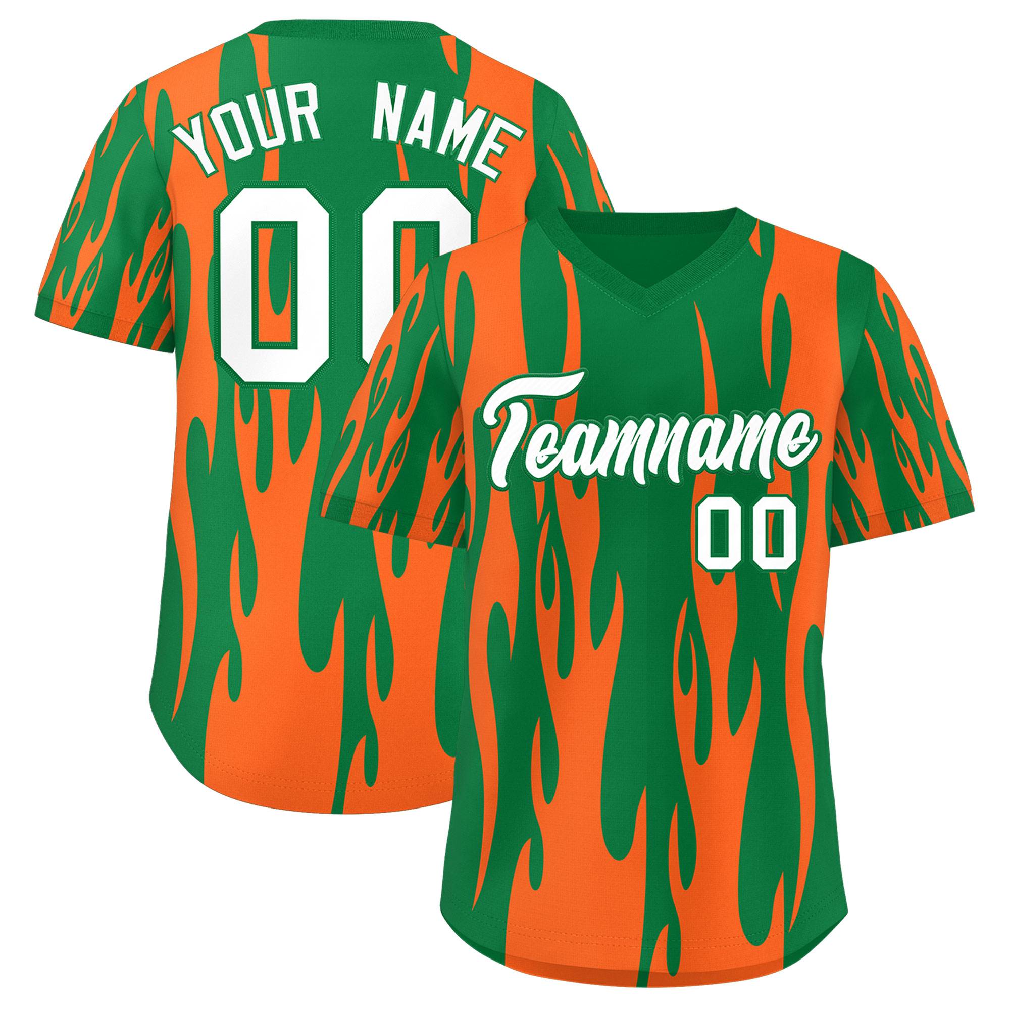 Custom Kelly Green Orange Flame Pattern Authentic Pullover Baseball Jersey