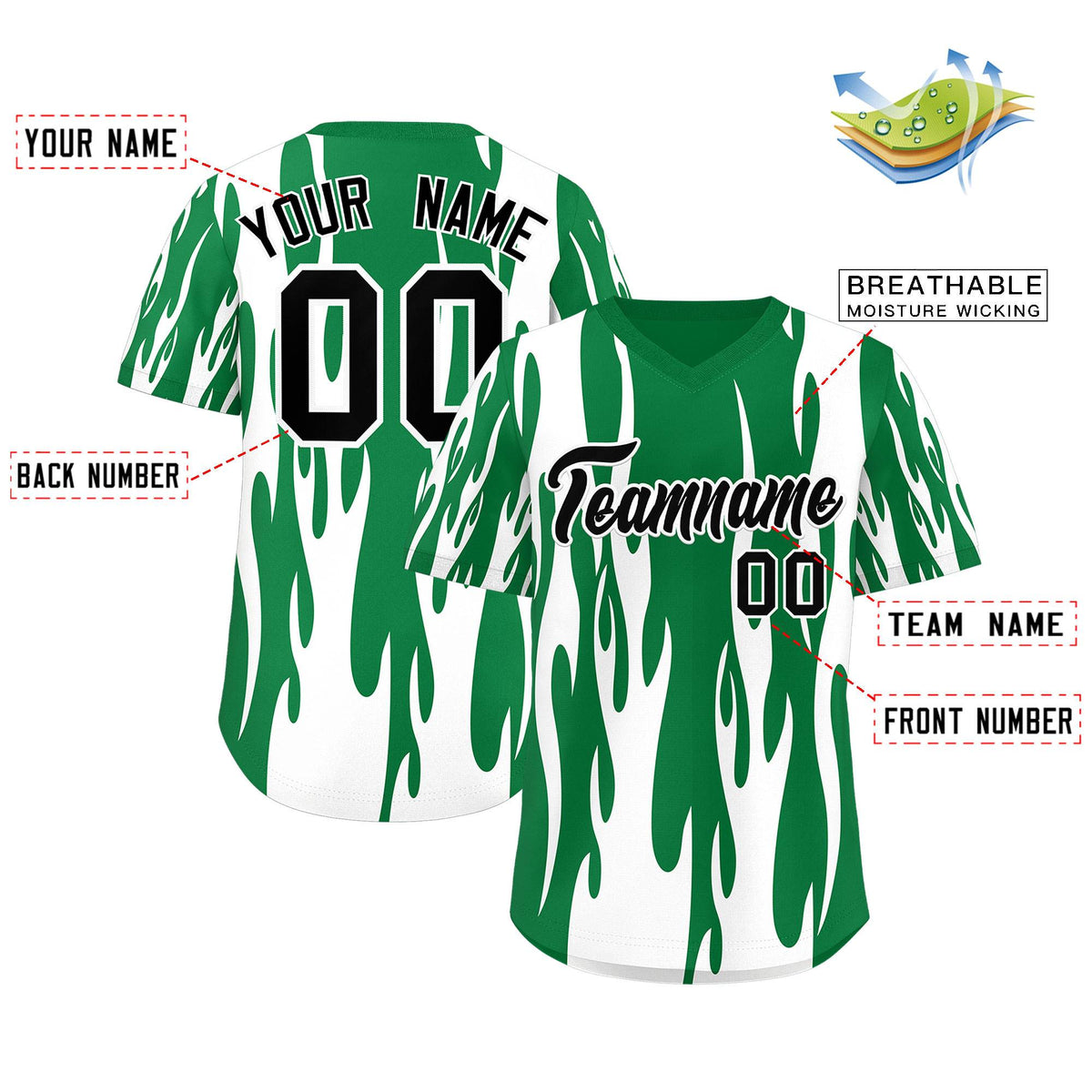 Custom Kelly Green White Flame Pattern Authentic Pullover Baseball Jersey