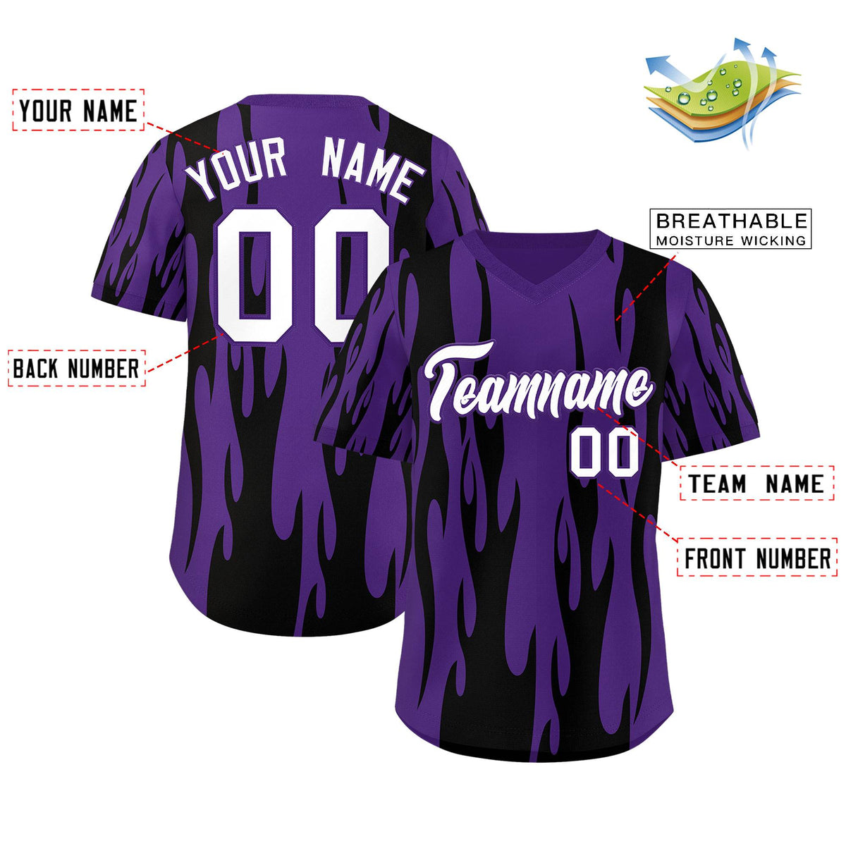 Custom Purple Black Flame Pattern Authentic Pullover Baseball Jersey