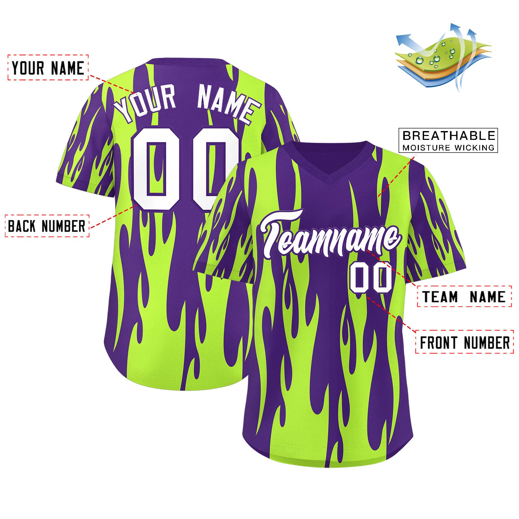 Custom Purple Neon Green Flame Pattern Authentic Pullover Baseball Jersey