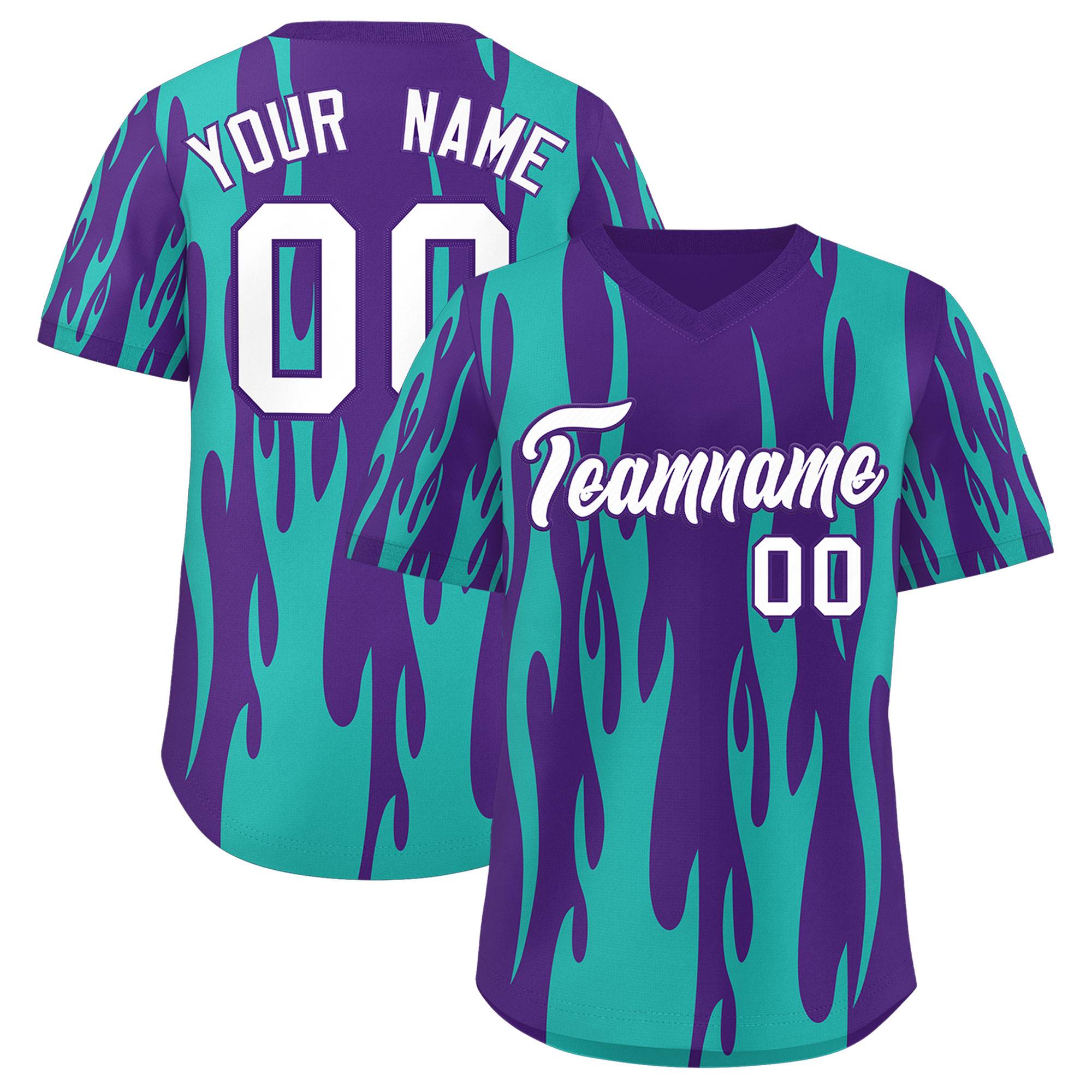 Custom Purple Aqua Flame Pattern Authentic Pullover Baseball Jersey