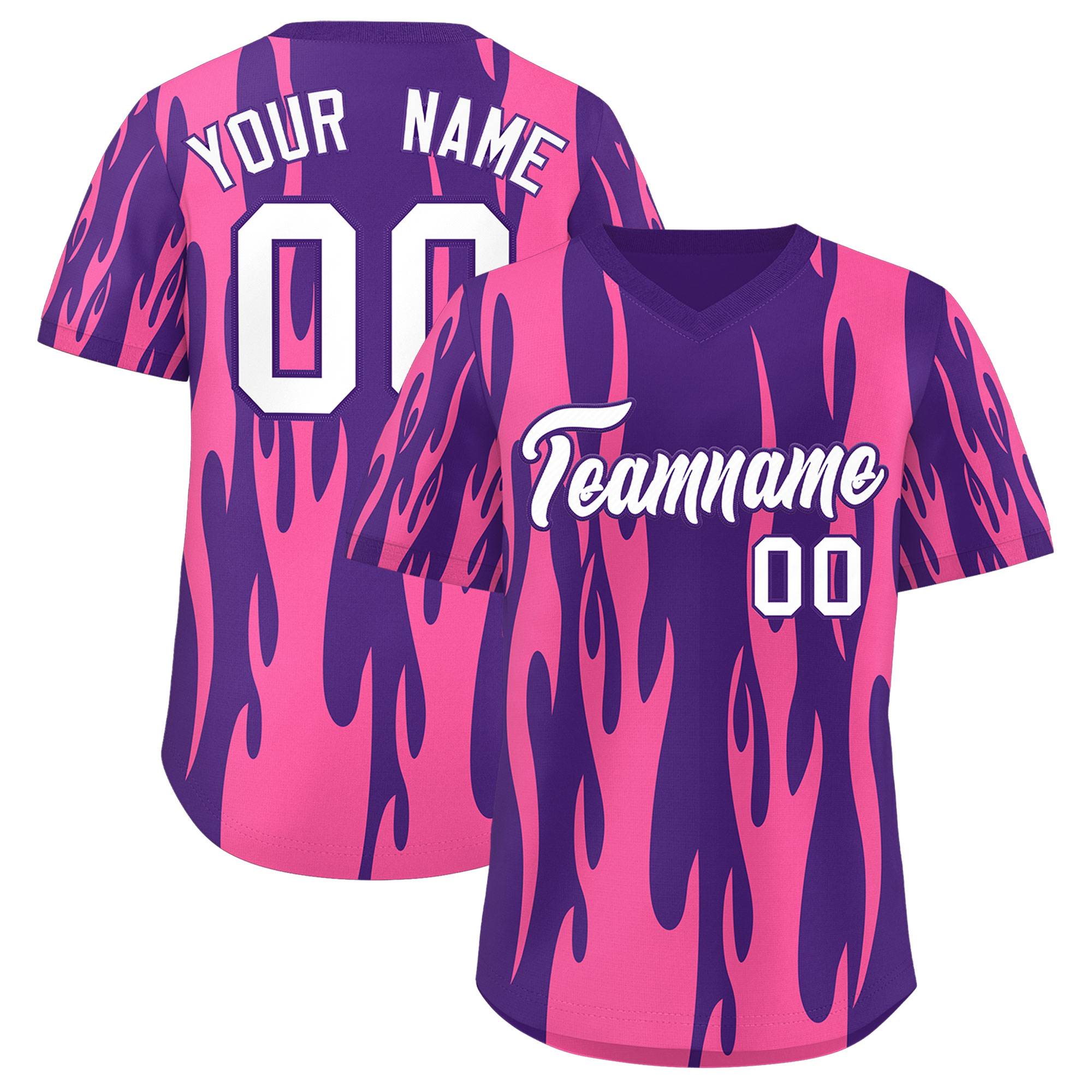 Custom Purple Pink Flame Pattern Authentic Pullover Baseball Jersey