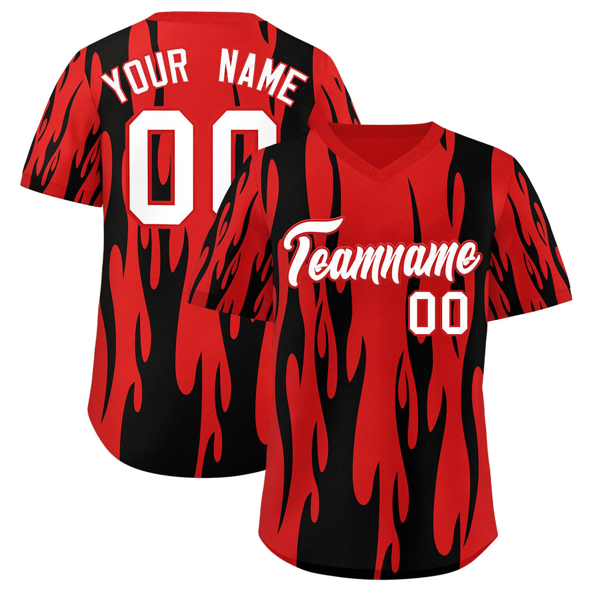 Custom Red Black Flame Pattern Authentic Pullover Baseball Jersey
