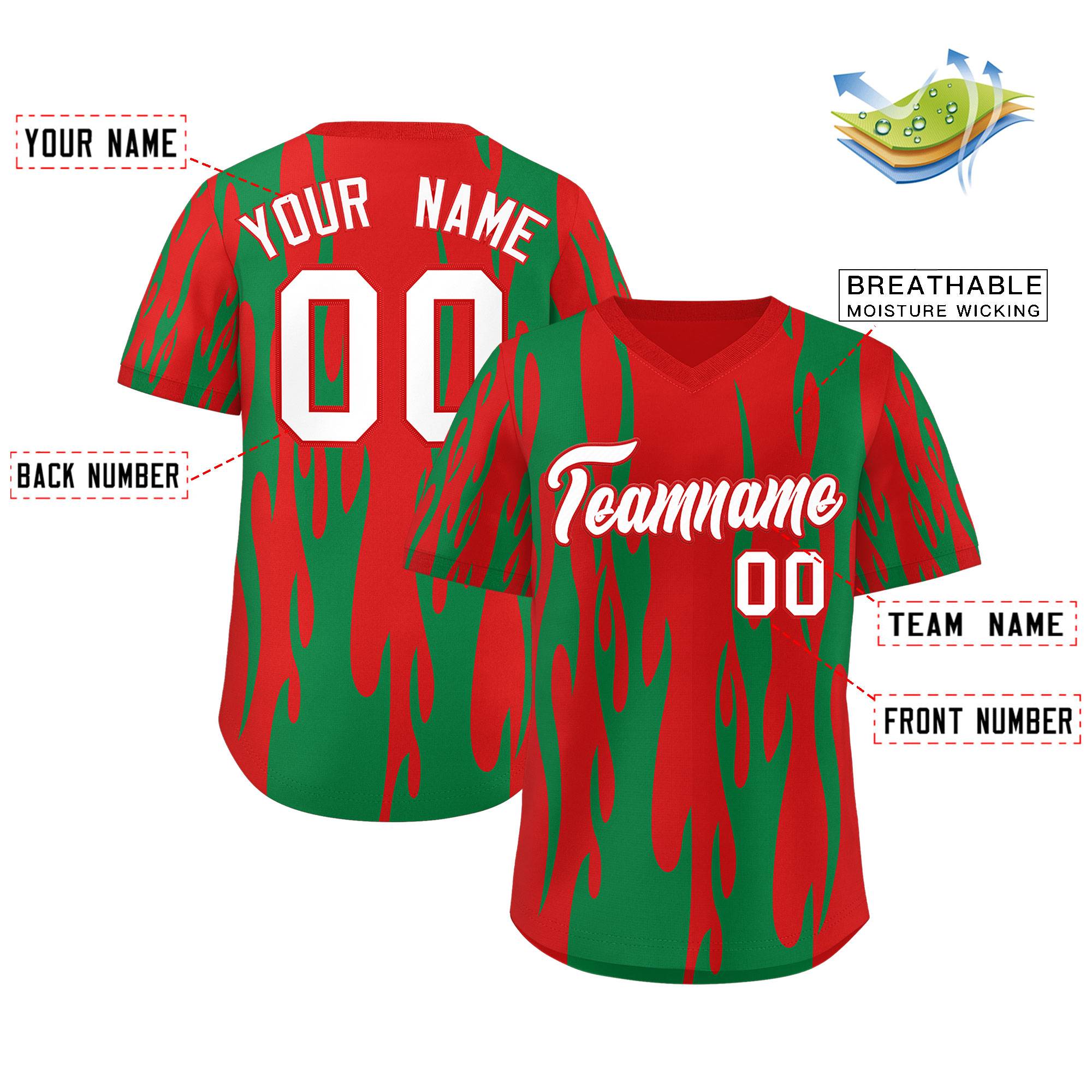 Custom Red Kelly Green Flame Pattern Authentic Pullover Baseball Jersey