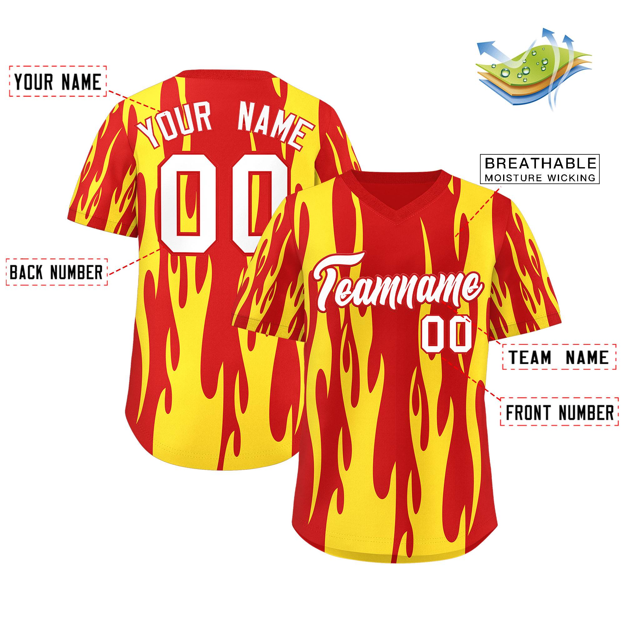 Custom Red Gold Flame Pattern Authentic Pullover Baseball Jersey