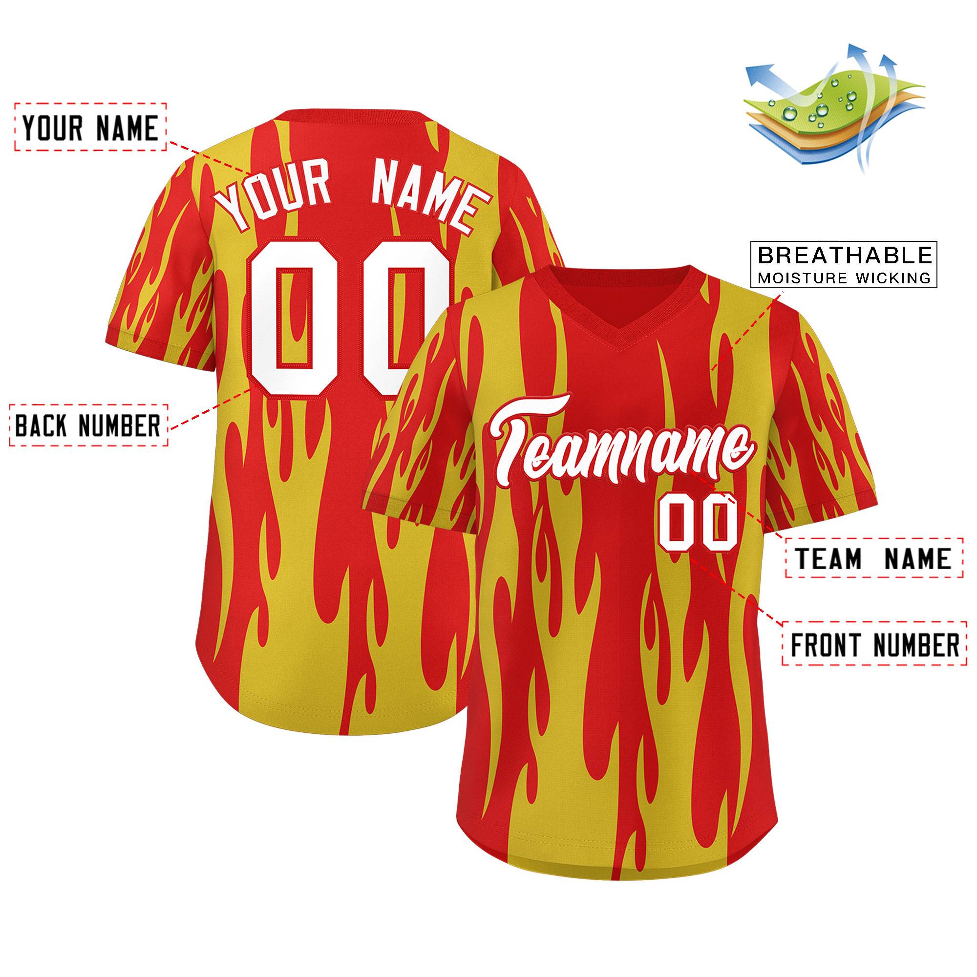 Custom Red Gold Flame Pattern Authentic Pullover Baseball Jersey