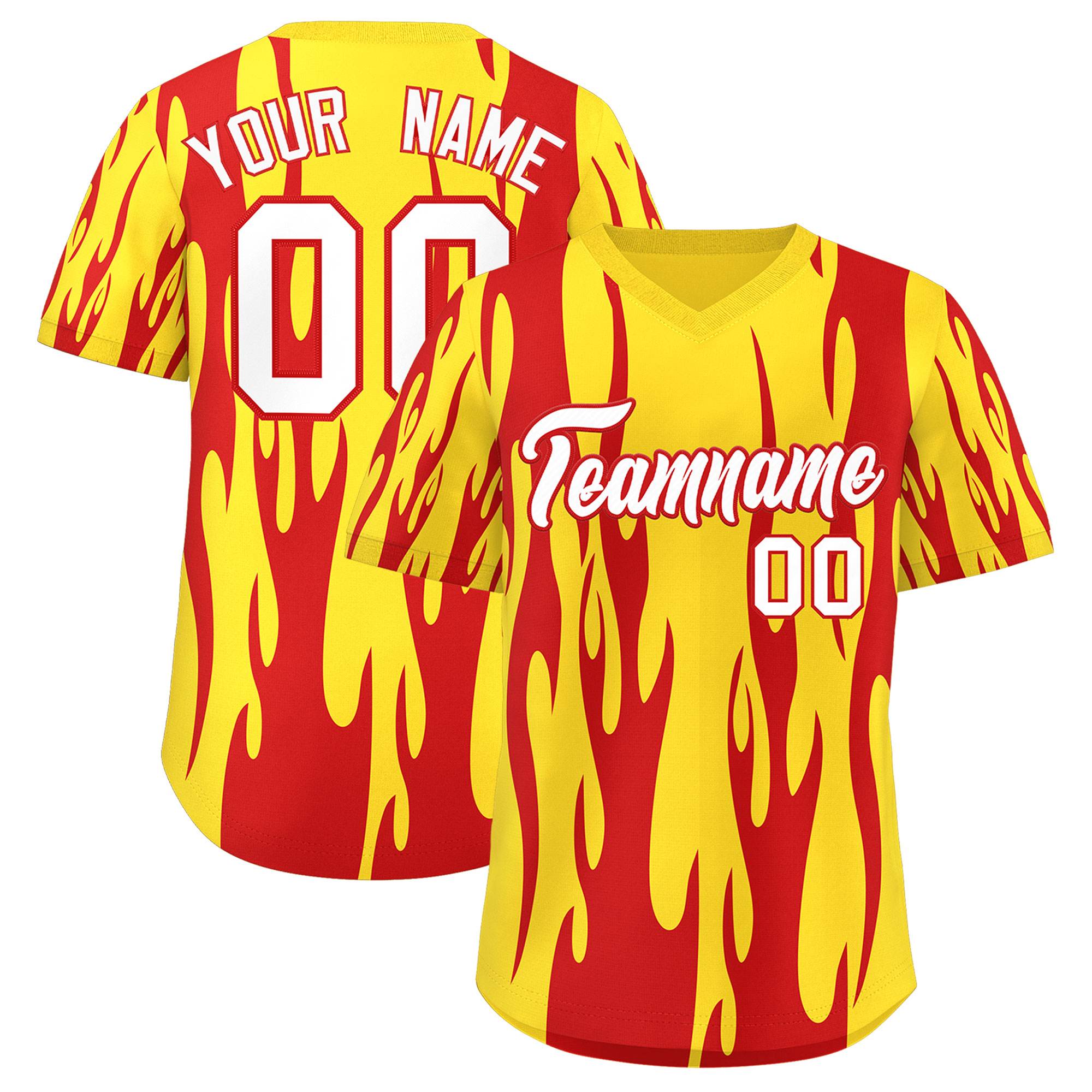 Custom Gold Red Flame Pattern Authentic Pullover Baseball Jersey