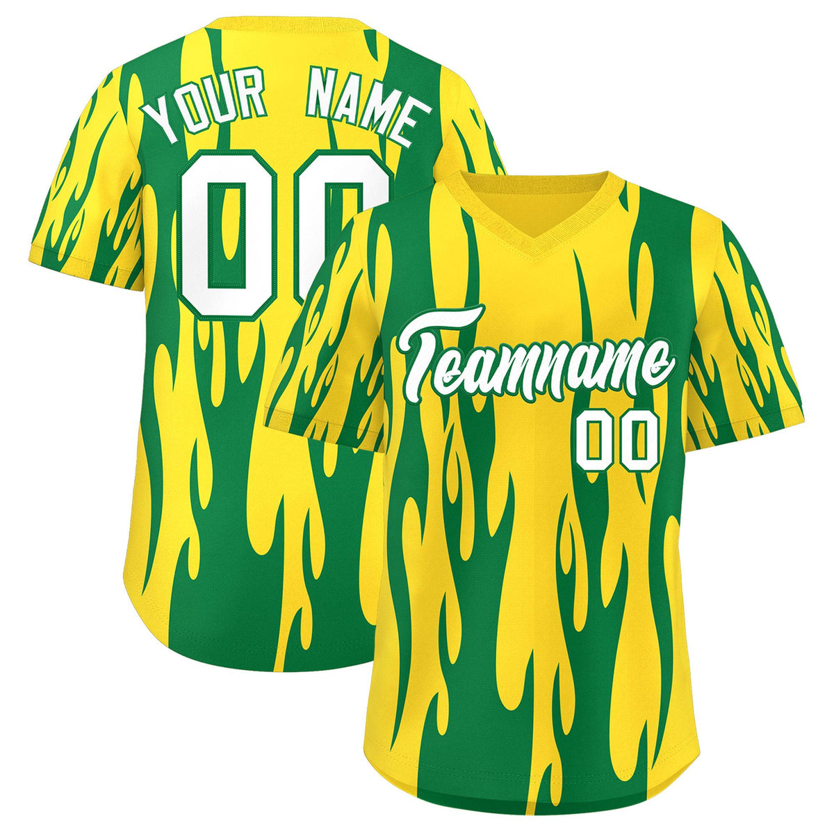 Custom Gold Kelly Green Flame Pattern Authentic Pullover Baseball Jersey