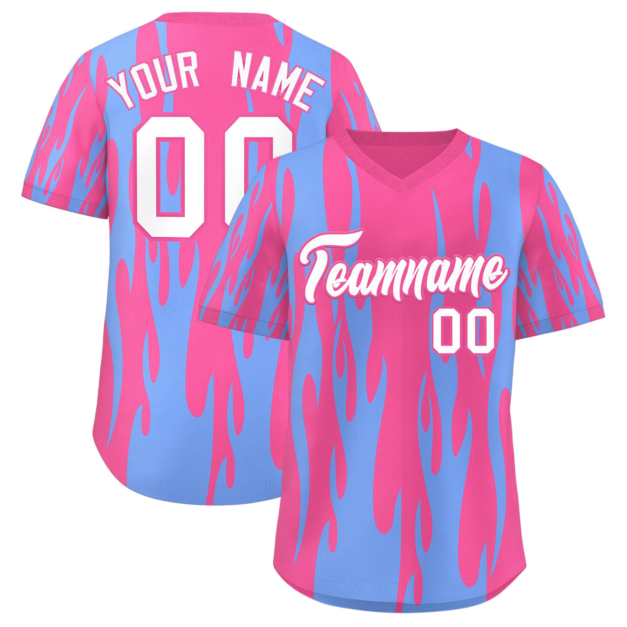 Custom Pink Light Blue Flame Pattern Authentic Pullover Baseball Jersey