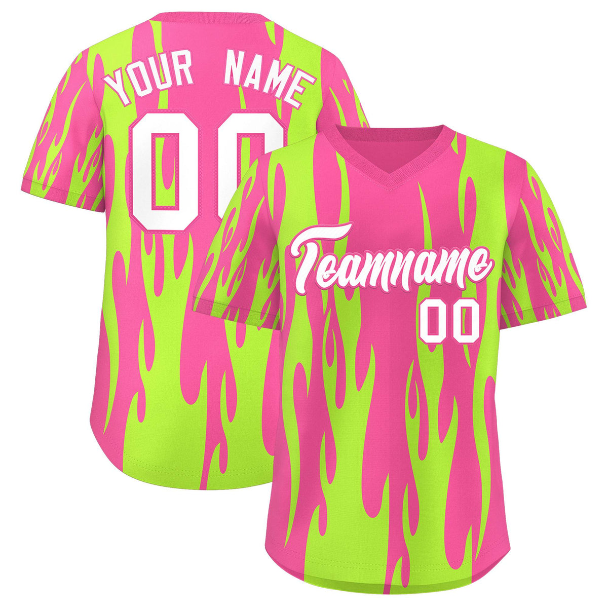 Custom Pink Neon Green Flame Pattern Authentic Pullover Baseball Jersey