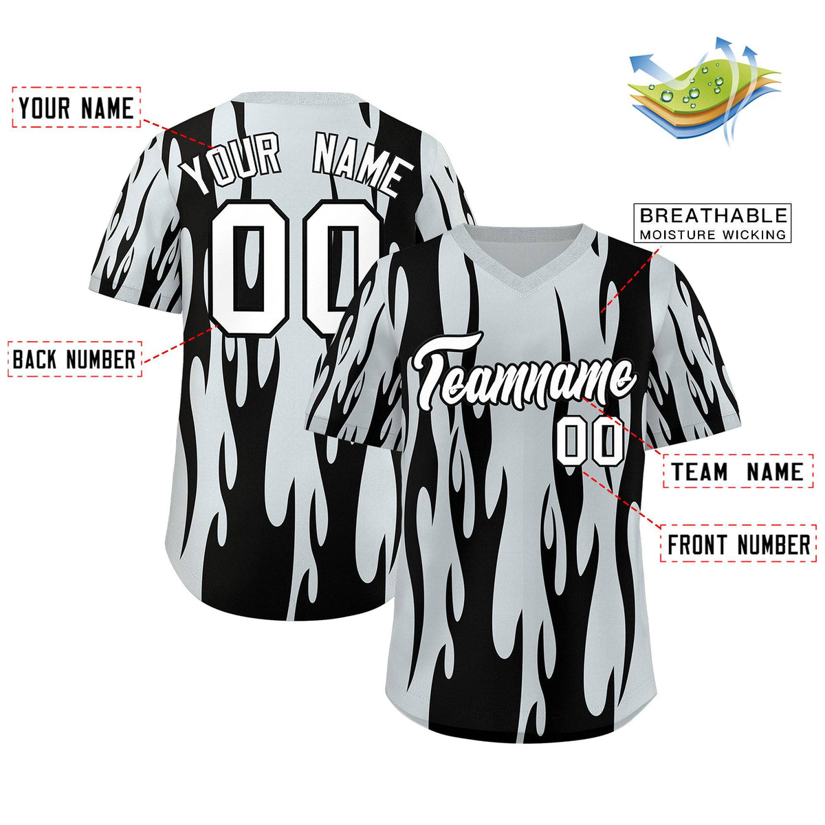 Custom Silver Black Flame Pattern Authentic Pullover Baseball Jersey