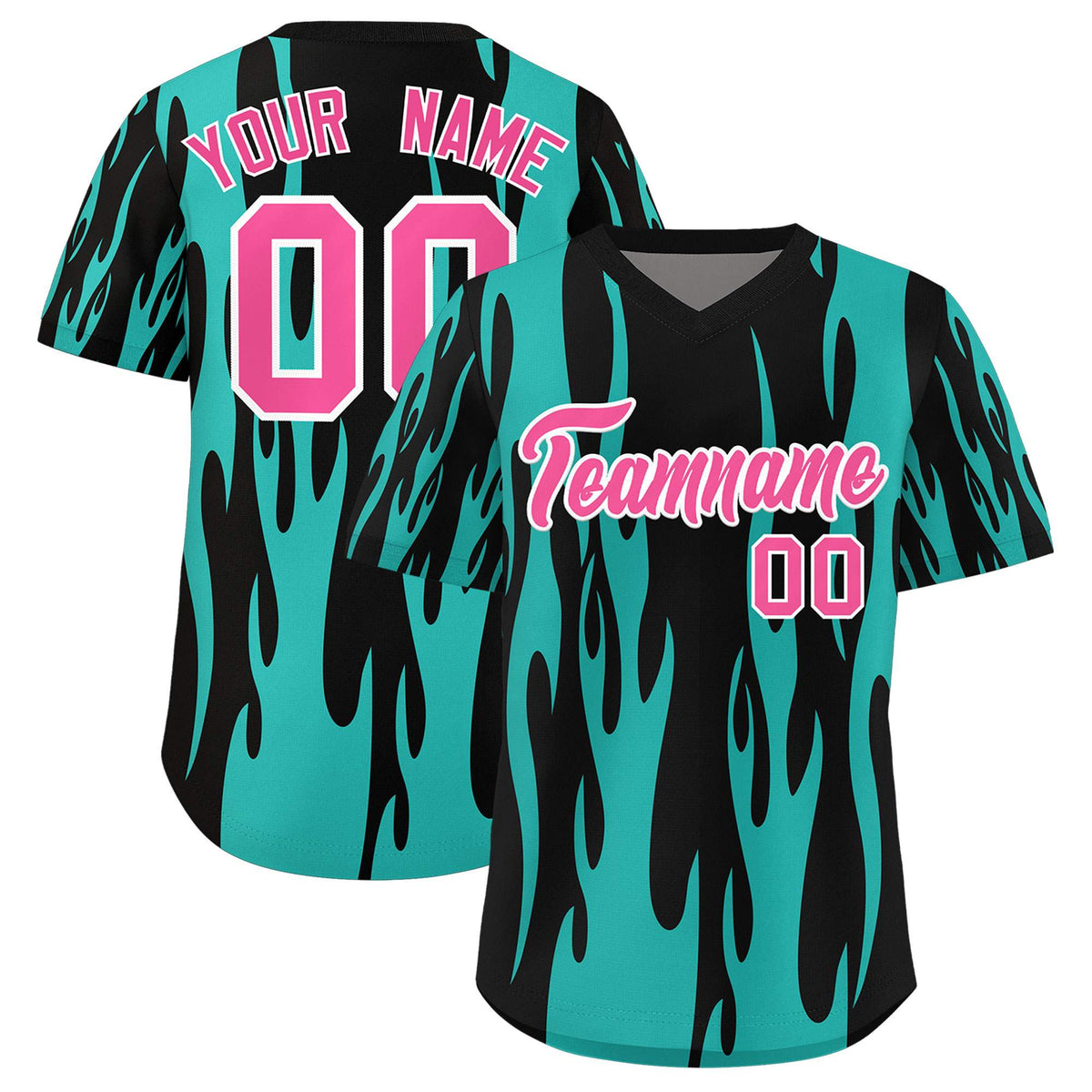 Custom Black Aqua Flame Pattern Authentic Pullover Baseball Jersey