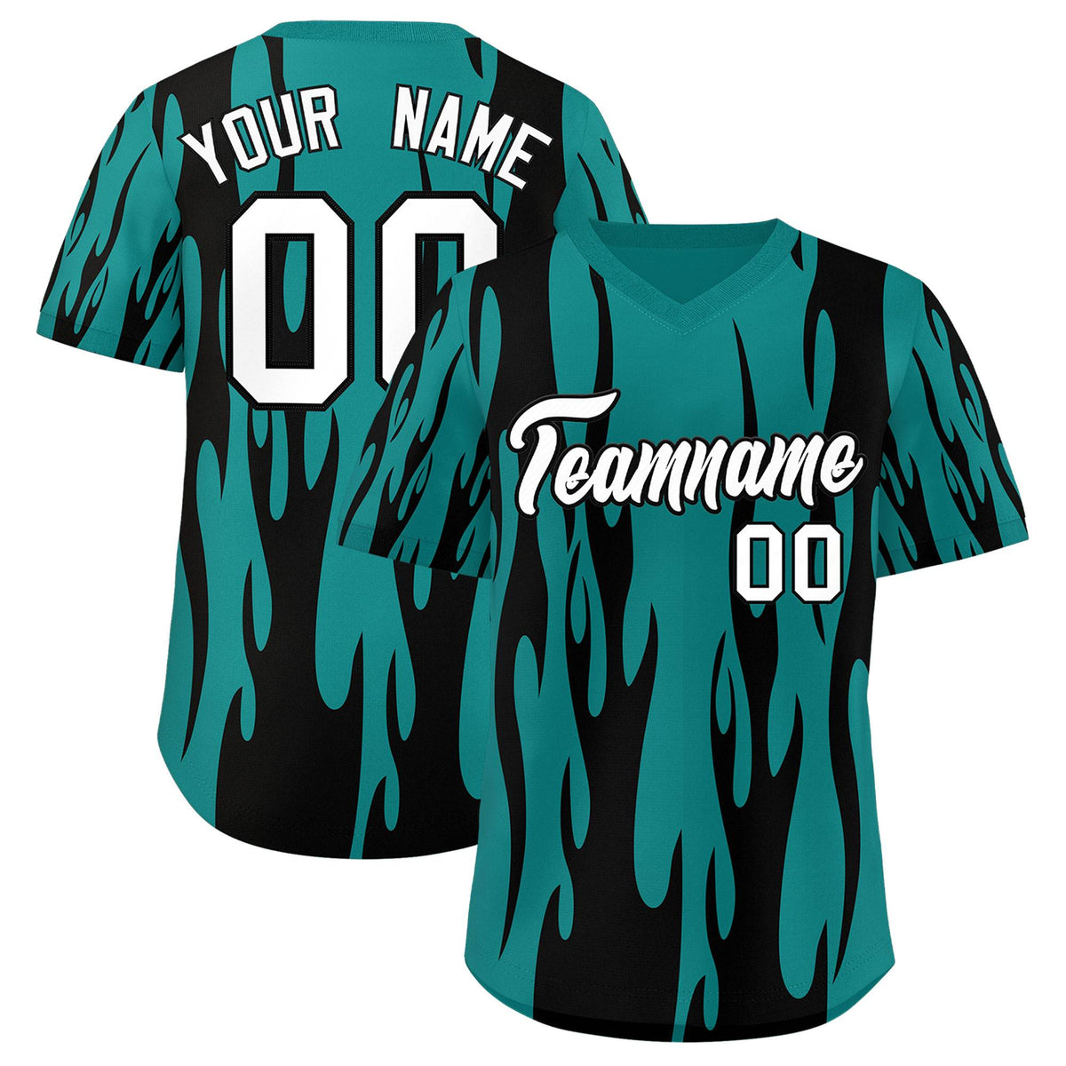 Custom Aqua Black Flame Pattern Authentic Pullover Baseball Jersey