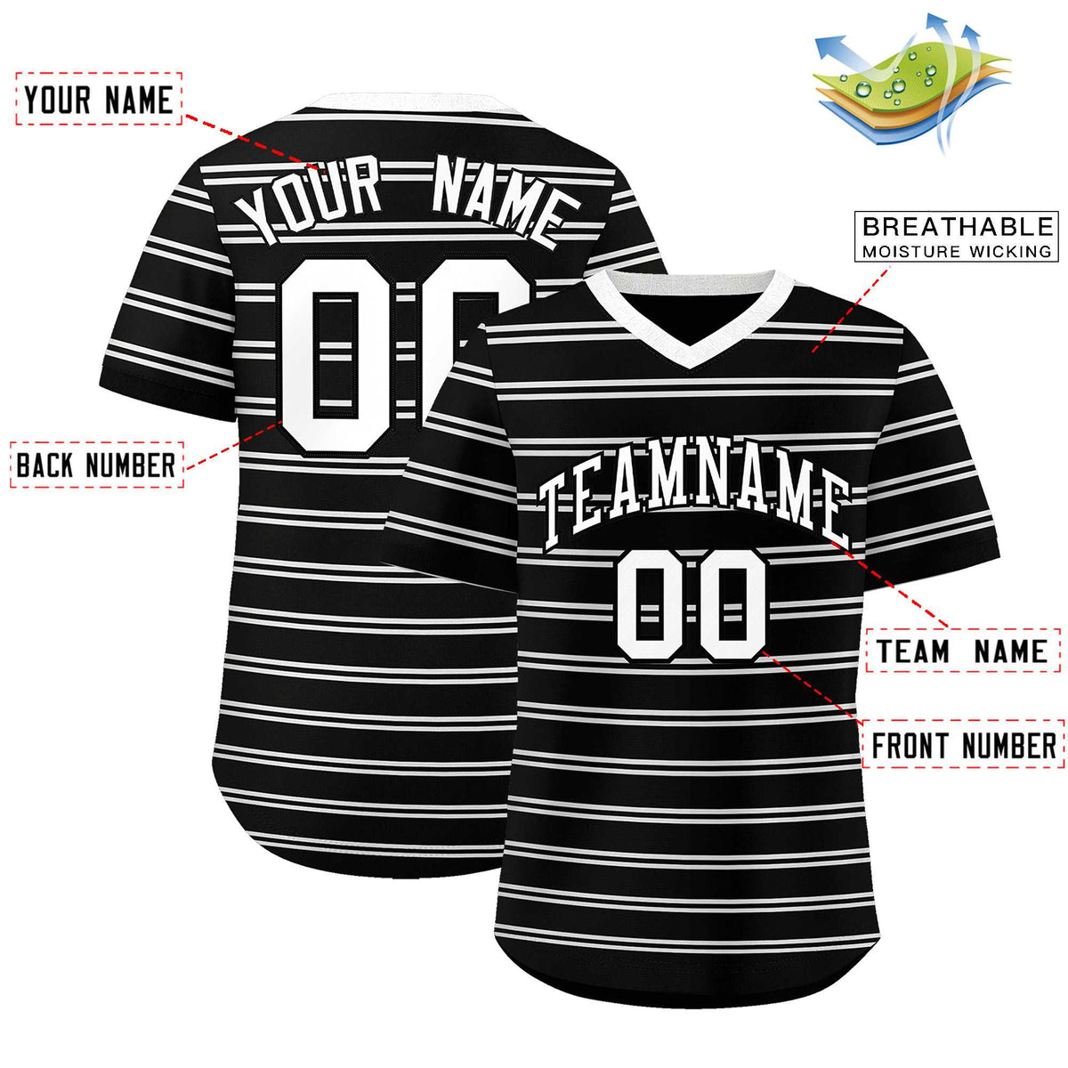 Custom Black White Personalized Horizontal Stripe Authentic Pullover Baseball Jersey | KXKSHOP