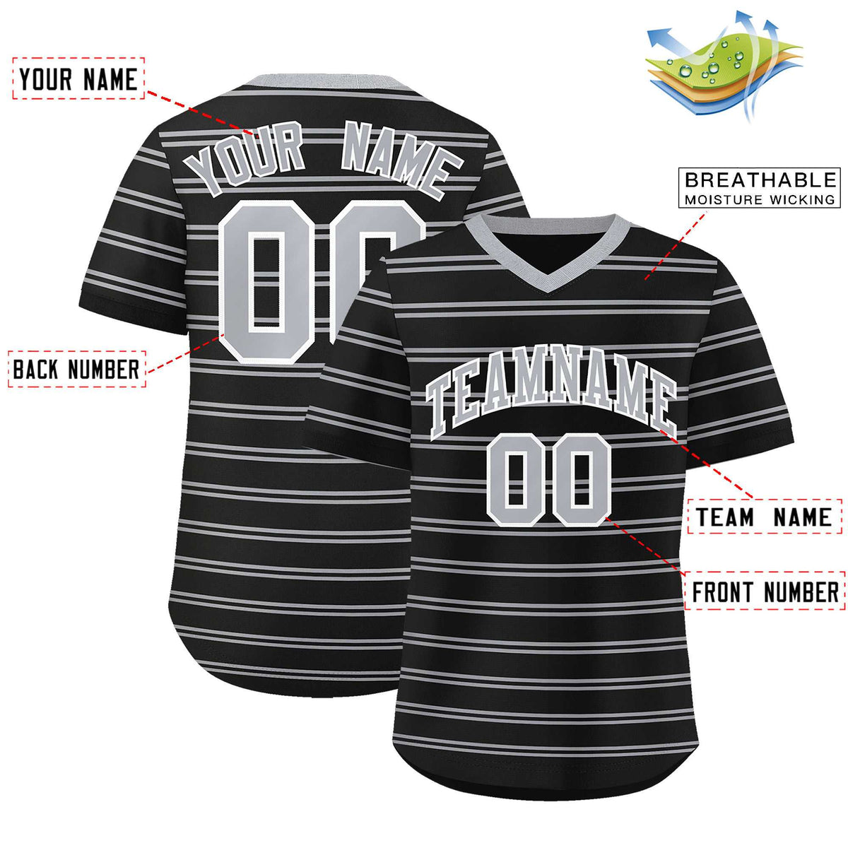 Custom Black Gray Personalized Horizontal Stripe Authentic Pullover Baseball Jersey | KXKSHOP