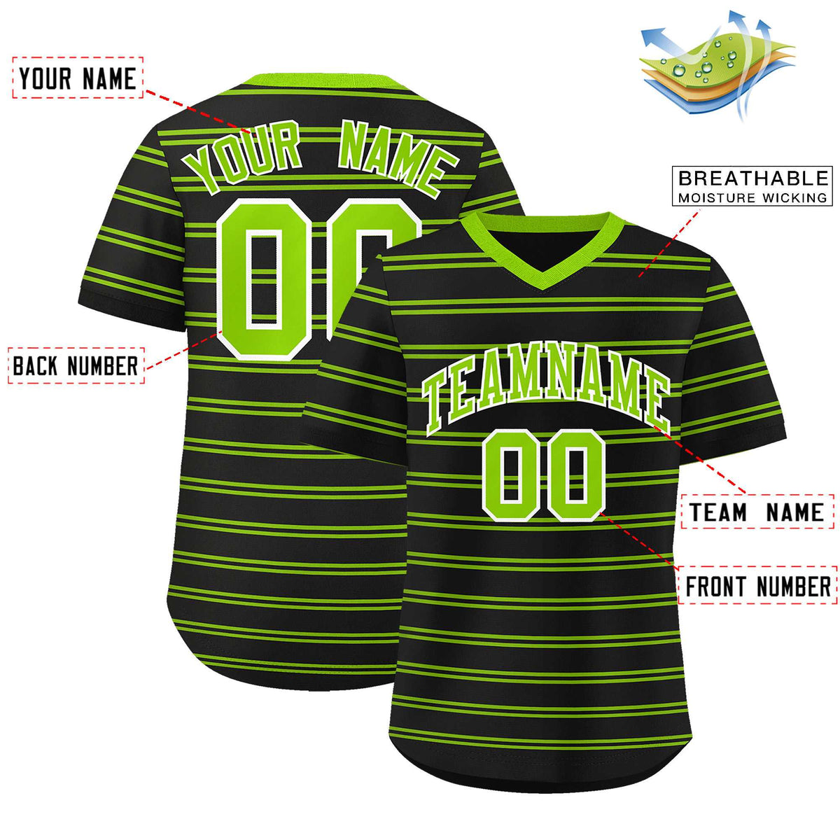 Custom Black Neon Green Personalized Horizontal Stripe Authentic Pullover Baseball Jersey | KXKSHOP