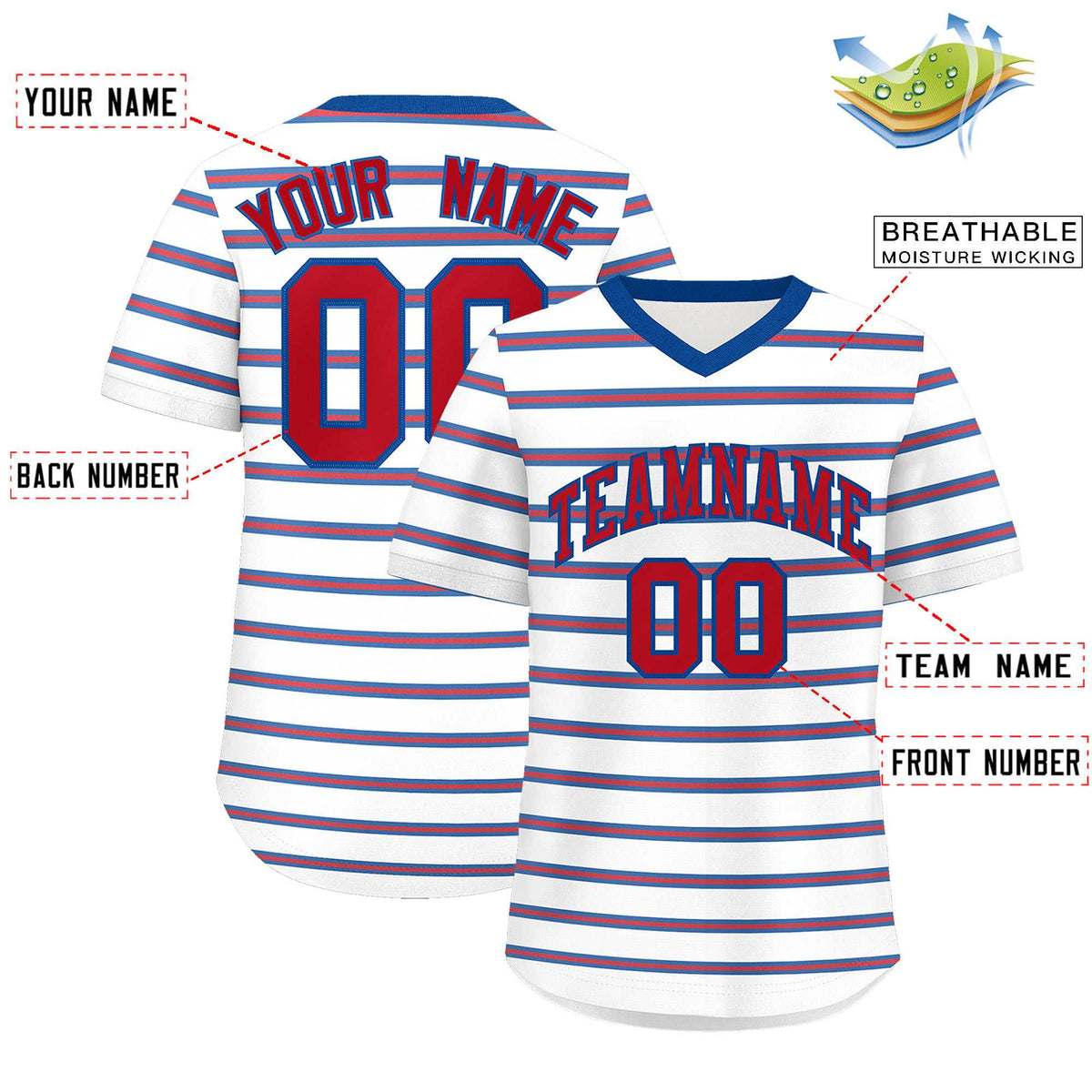 Custom White Royal-Red Personalized Horizontal Stripe Authentic Pullover Baseball Jersey | KXKSHOP