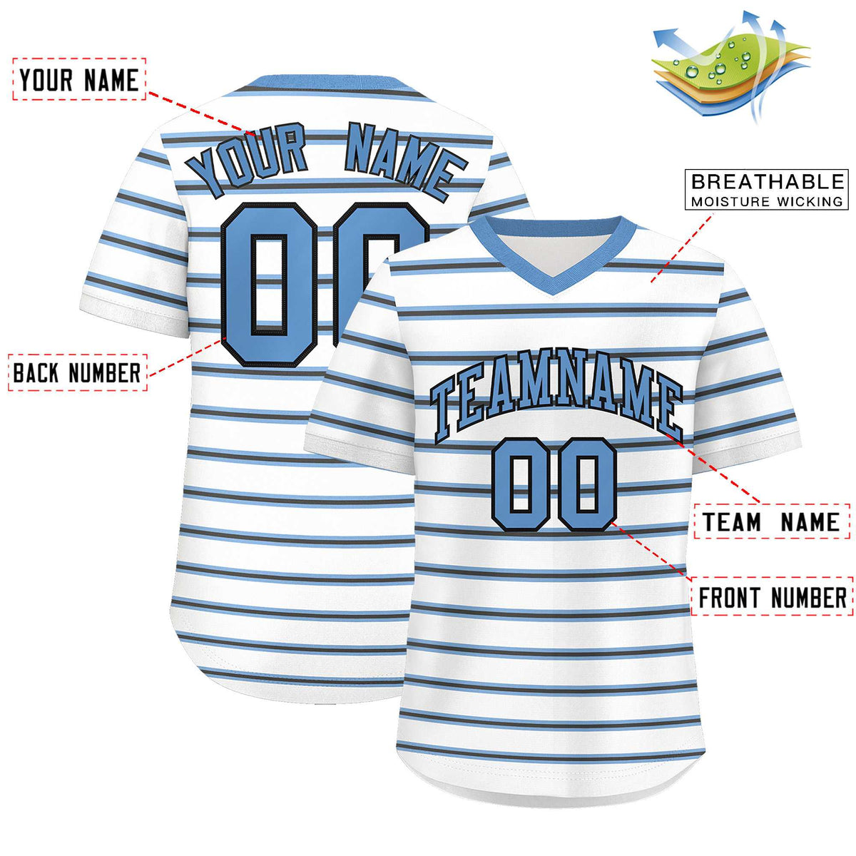 Custom White Light Blue-Black Personalized Horizontal Stripe Authentic Pullover Baseball Jersey | KXKSHOP