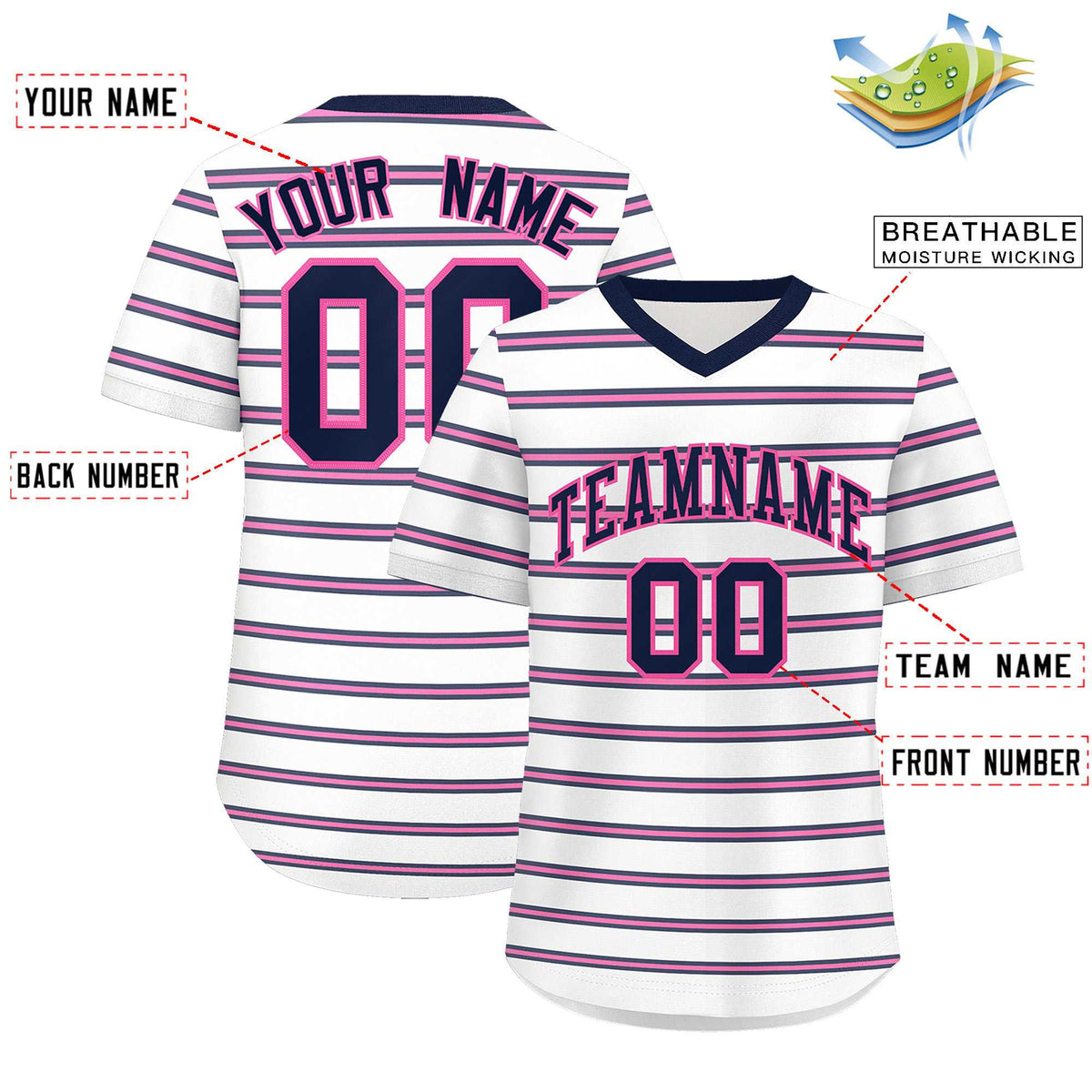 Custom White Navy-Pink Personalized Horizontal Stripe Authentic Pullover Baseball Jersey | KXKSHOP