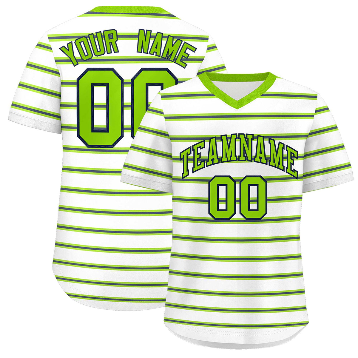 Custom White Neon Green-Navy Personalized Horizontal Stripe Authentic Pullover Baseball Jersey | KXKSHOP