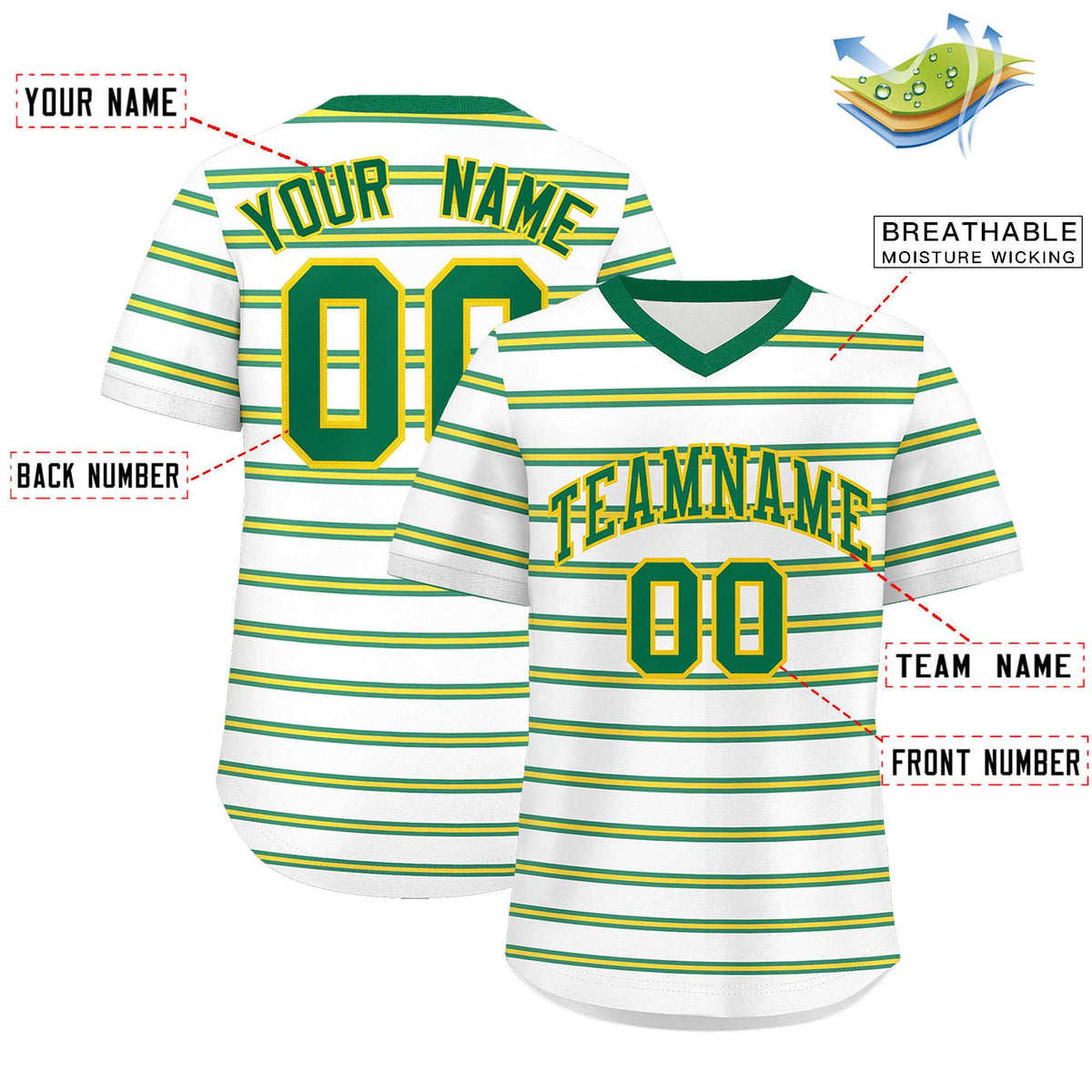 Custom White Kelly Green-Gold Personalized Horizontal Stripe Authentic Pullover Baseball Jersey | KXKSHOP