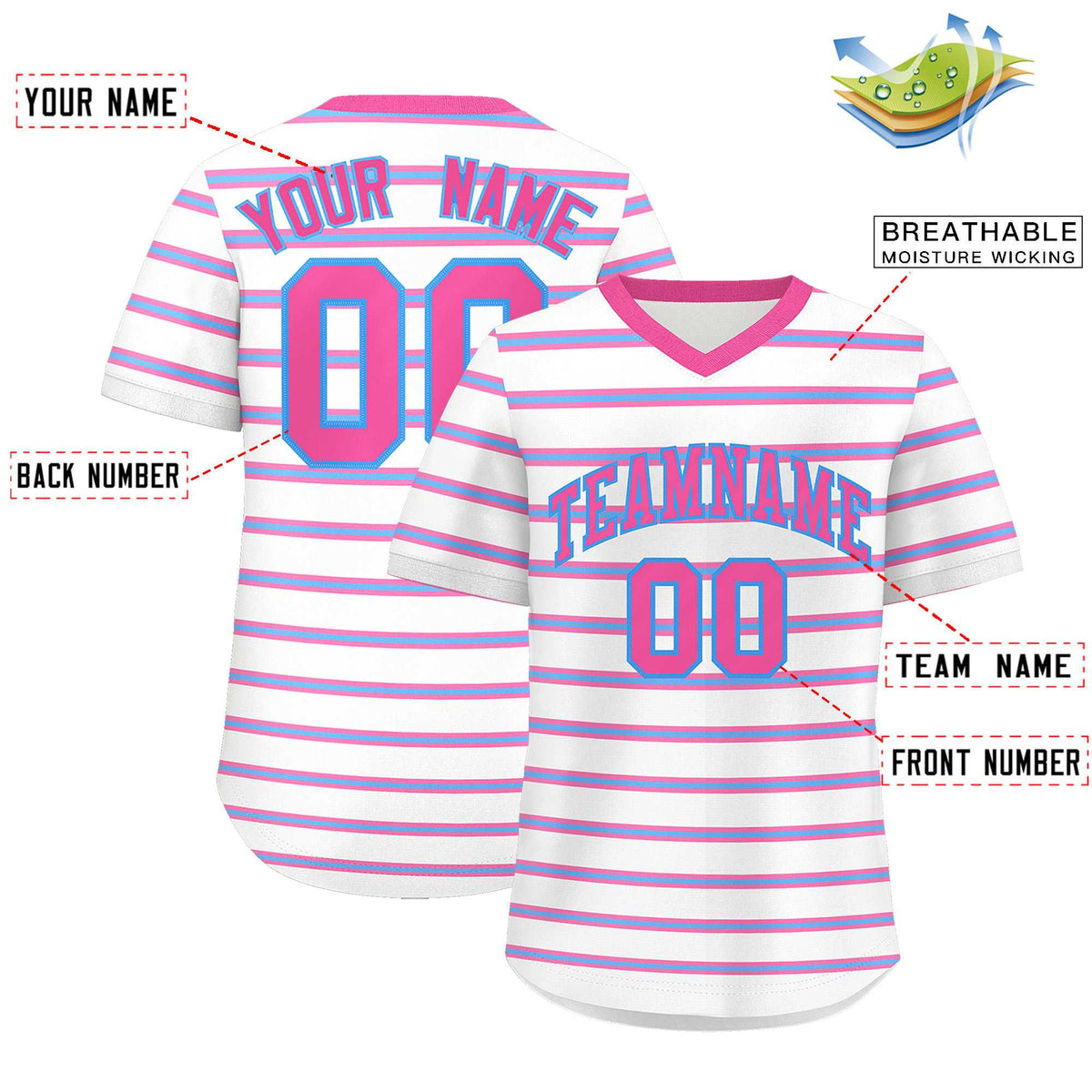 Custom White Pink-Powder Blue Personalized Horizontal Stripe Authentic Pullover Baseball Jersey | KXKSHOP
