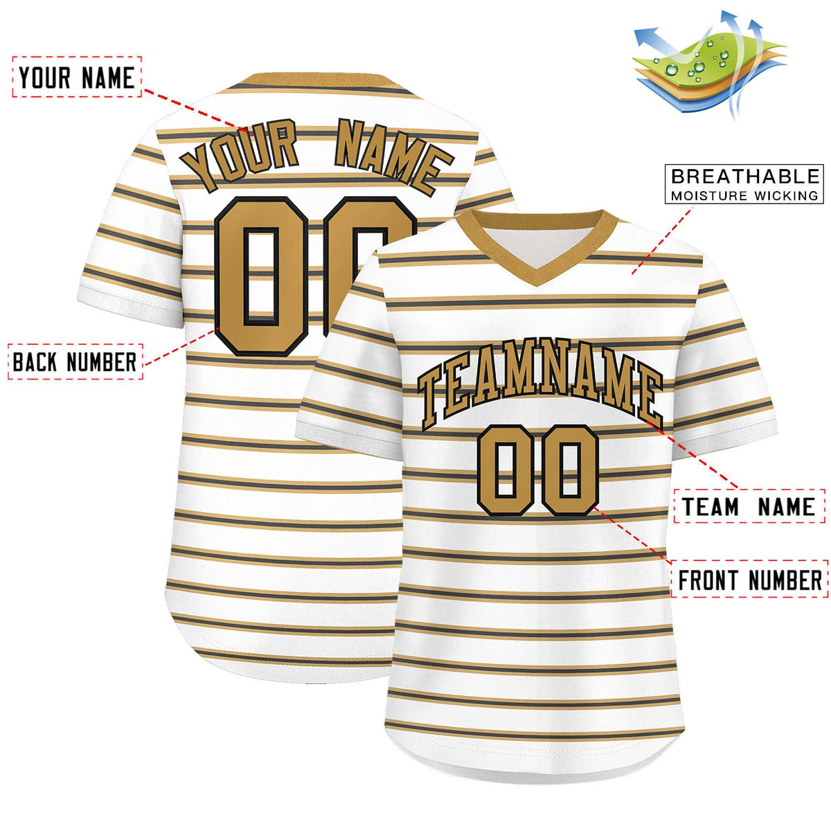 Custom White Old Gold-Black Personalized Horizontal Stripe Authentic Pullover Baseball Jersey | KXKSHOP
