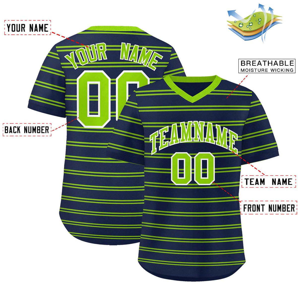 Custom Navy Neon Green Personalized Horizontal Stripe Authentic Pullover Baseball Jersey | KXKSHOP