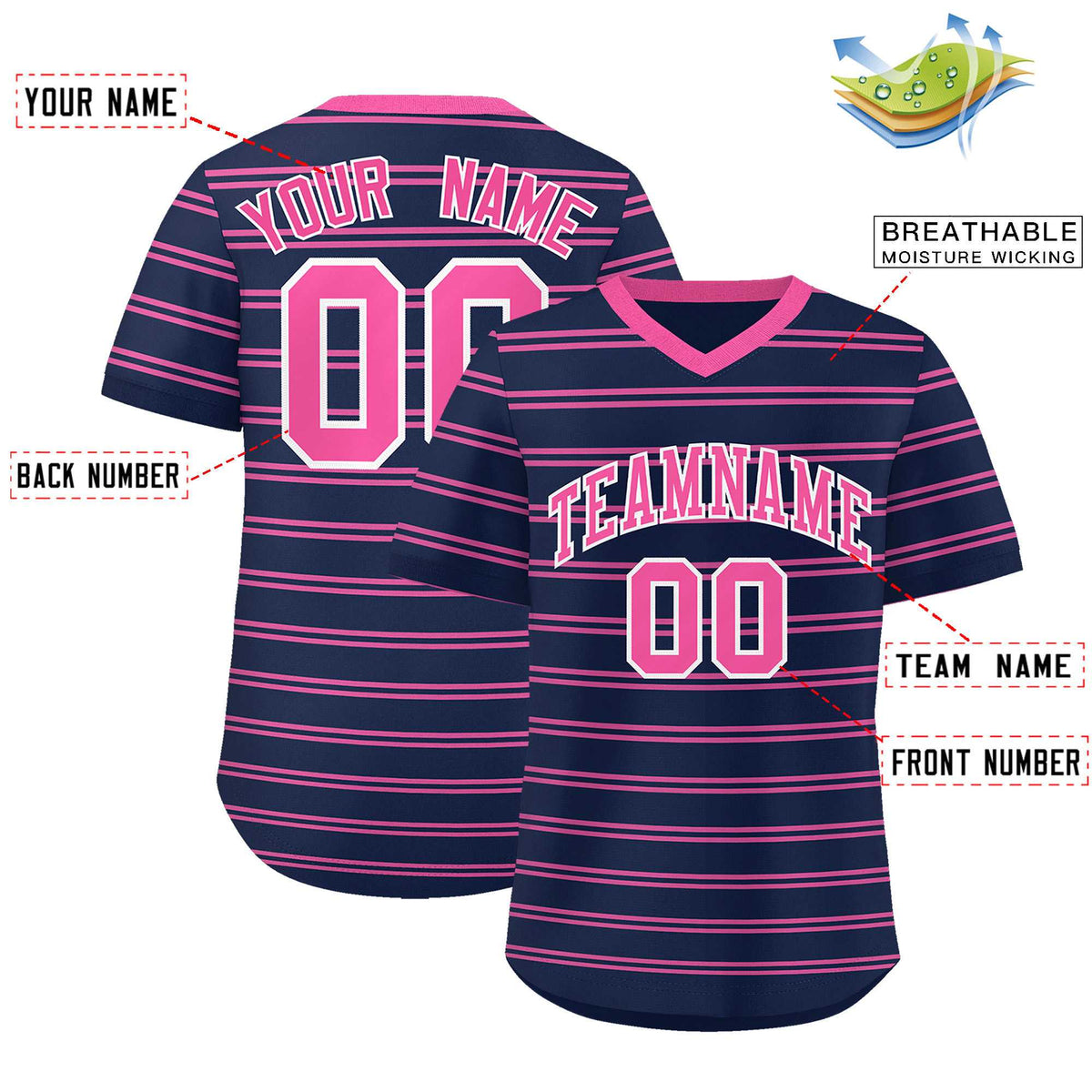 Custom Navy Pink Personalized Horizontal Stripe Authentic Pullover Baseball Jersey | KXKSHOP