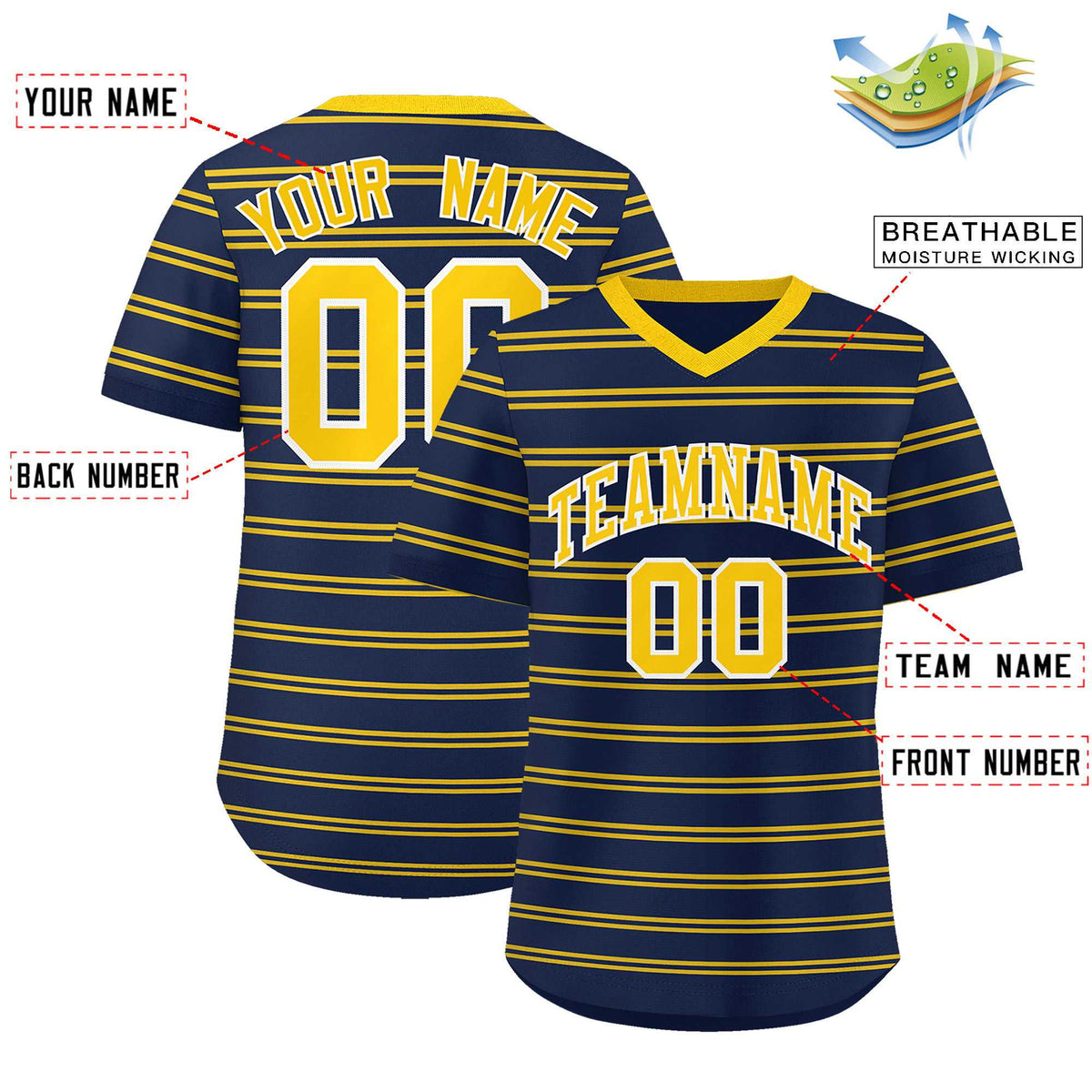 Custom Navy Gold Personalized Horizontal Stripe Authentic Pullover Baseball Jersey | KXKSHOP