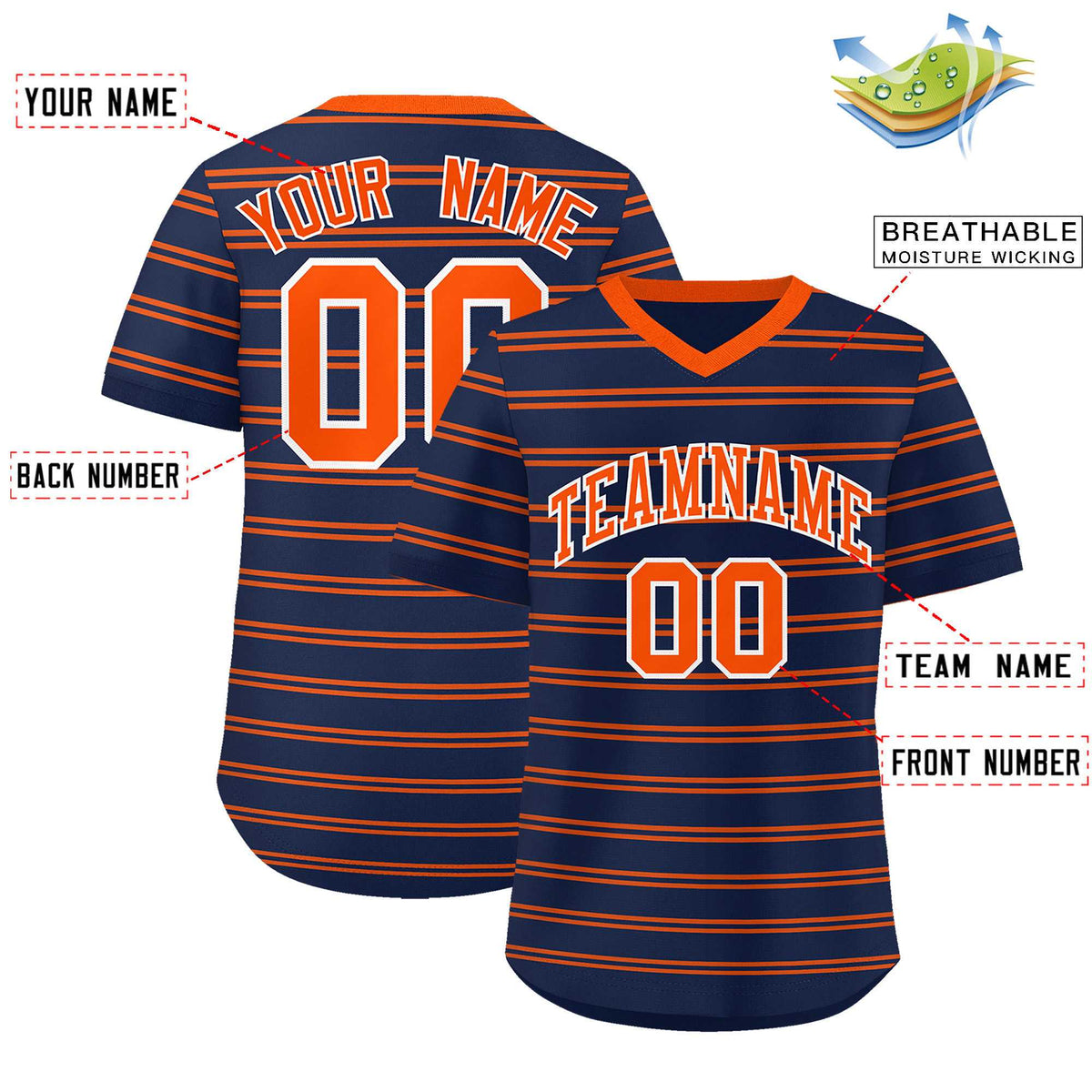 Custom Navy Orange Personalized Horizontal Stripe Authentic Pullover Baseball Jersey | KXKSHOP