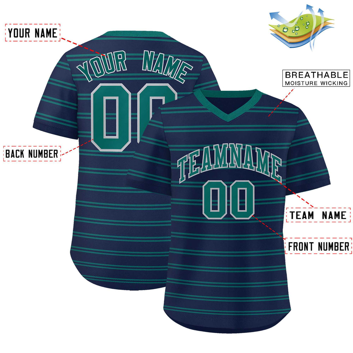 Custom Navy Aqua Personalized Horizontal Stripe Authentic Pullover Baseball Jersey | KXKSHOP
