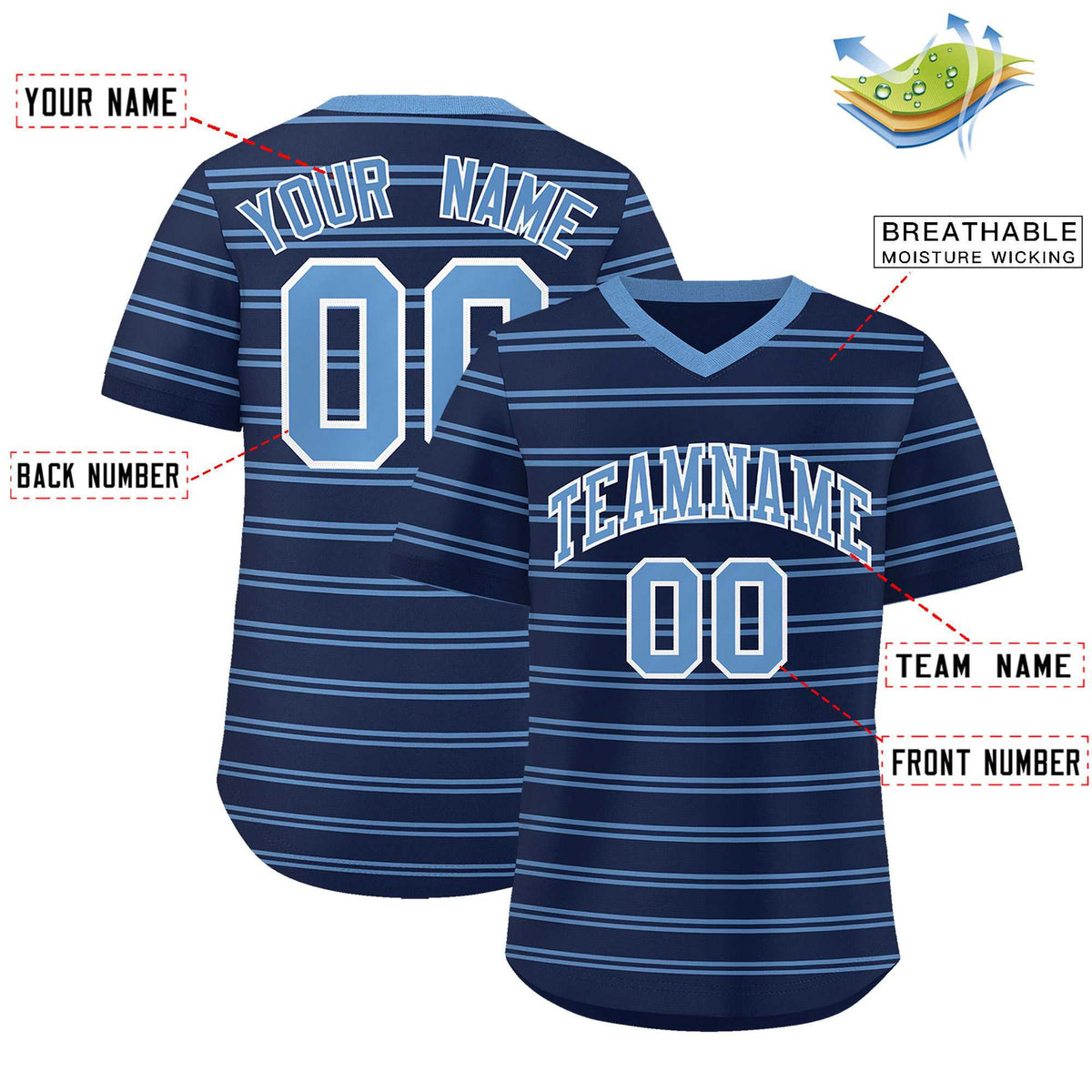 Custom Navy Light Blue Personalized Horizontal Stripe Authentic Pullover Baseball Jersey | KXKSHOP