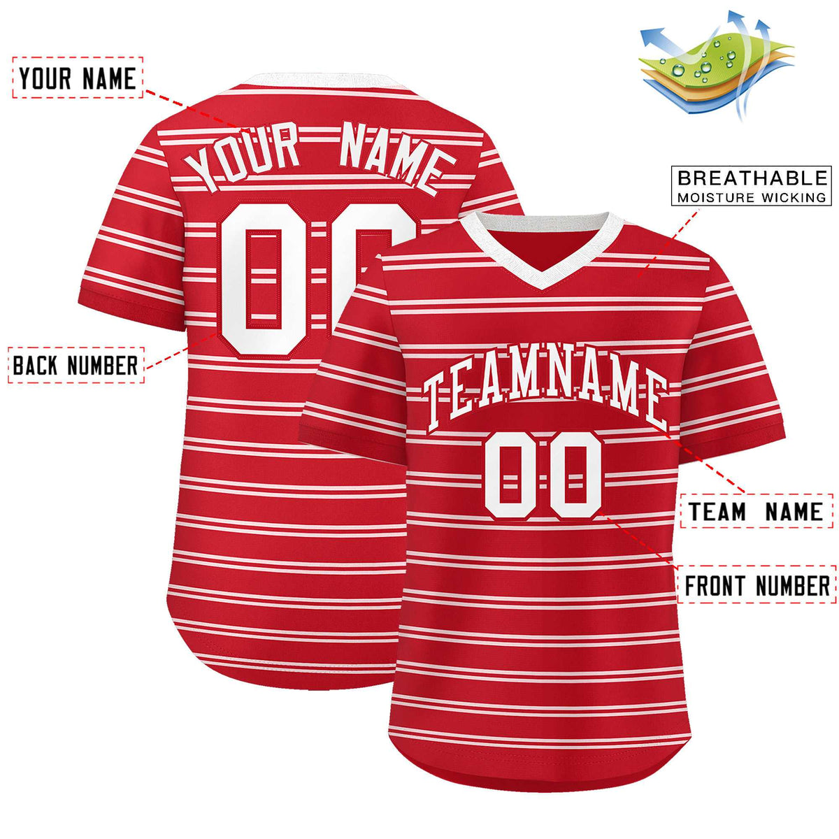 Custom Red White Personalized Horizontal Stripe Authentic Pullover Baseball Jersey | KXKSHOP