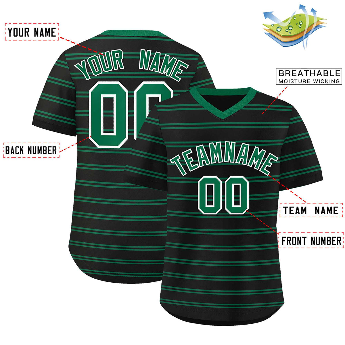 Custom Black Kelly Green Personalized Horizontal Stripe Authentic Pullover Baseball Jersey | KXKSHOP
