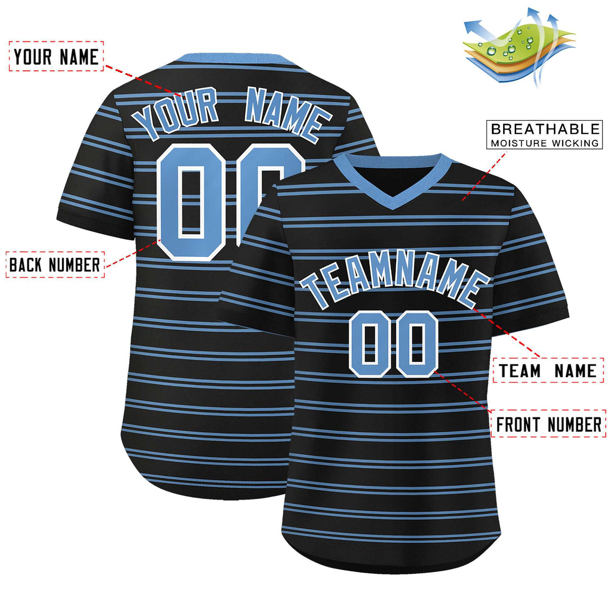 Custom Black Light Blue Personalized Horizontal Stripe Authentic Pullover Baseball Jersey | KXKSHOP