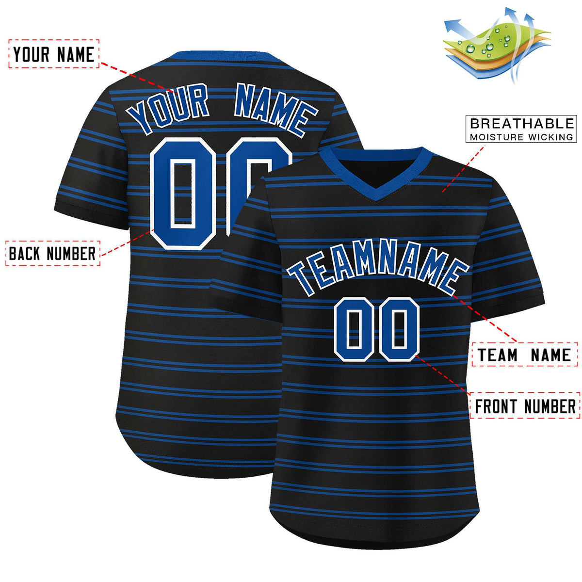 Custom Black Royal Personalized Horizontal Stripe Authentic Pullover Baseball Jersey | KXKSHOP