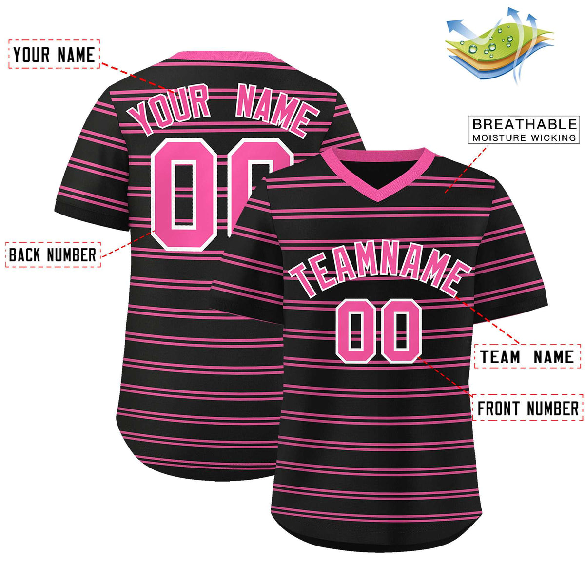 Custom Black Pink Personalized Horizontal Stripe Authentic Pullover Baseball Jersey | KXKSHOP