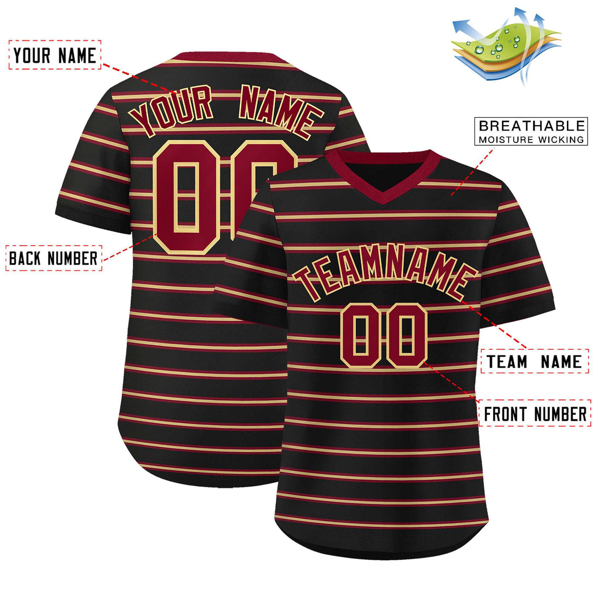 Custom Black Crimson-Khaki Personalized Horizontal Stripe Authentic Pullover Baseball Jersey | KXKSHOP
