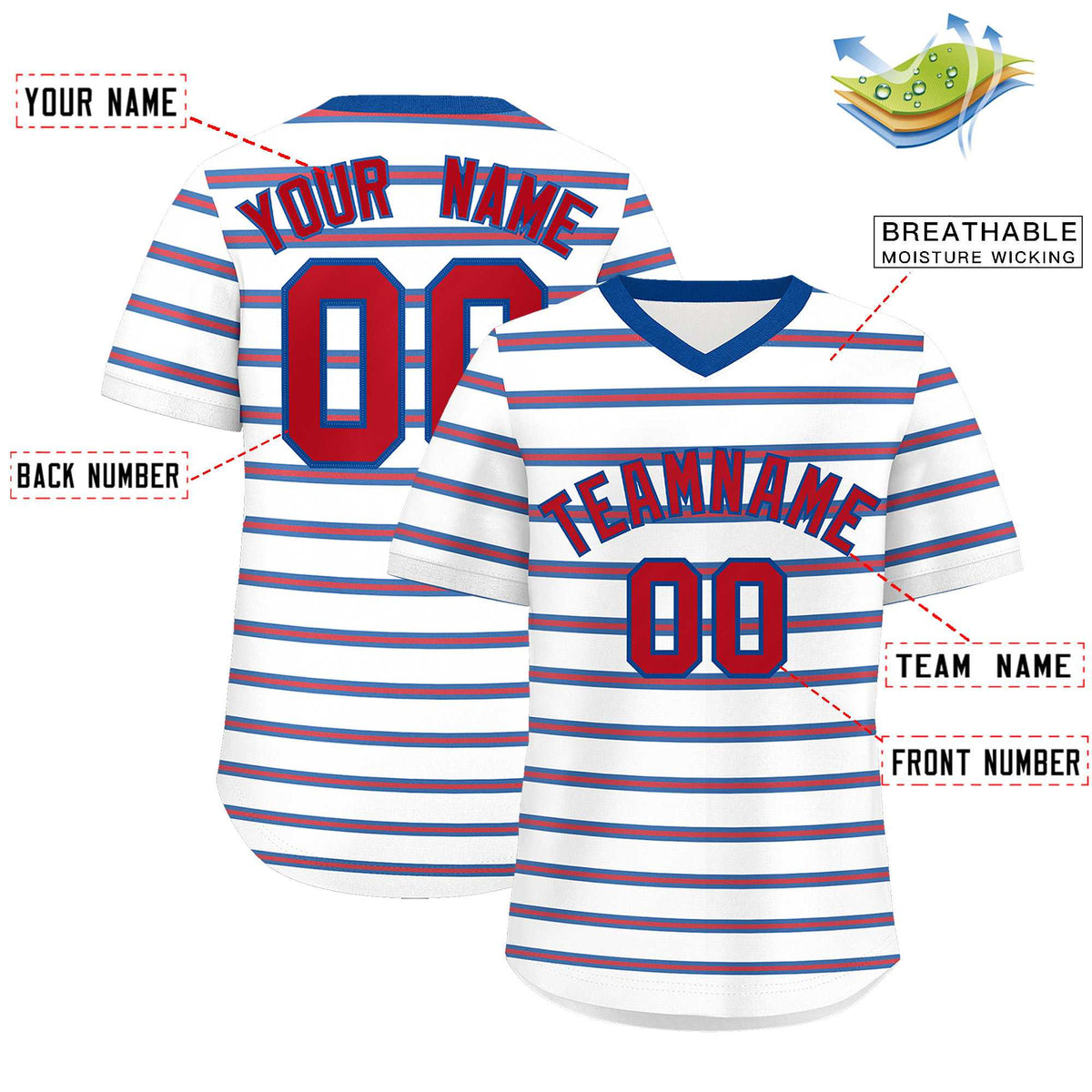 Custom White Royal-Red Personalized Horizontal Stripe Authentic Pullover Baseball Jersey | KXKSHOP