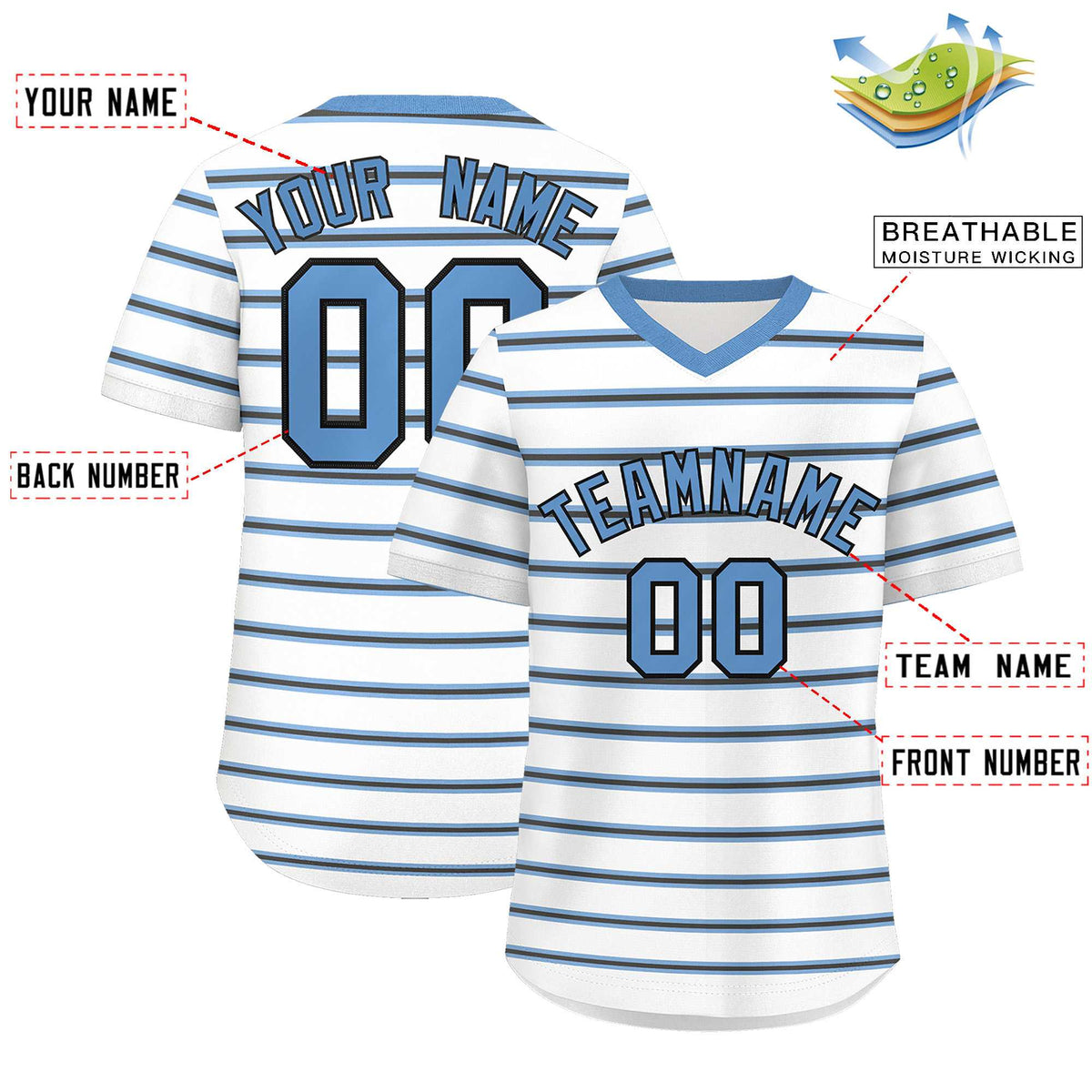 Custom White Light Blue-Black Personalized Horizontal Stripe Authentic Pullover Baseball Jersey | KXKSHOP