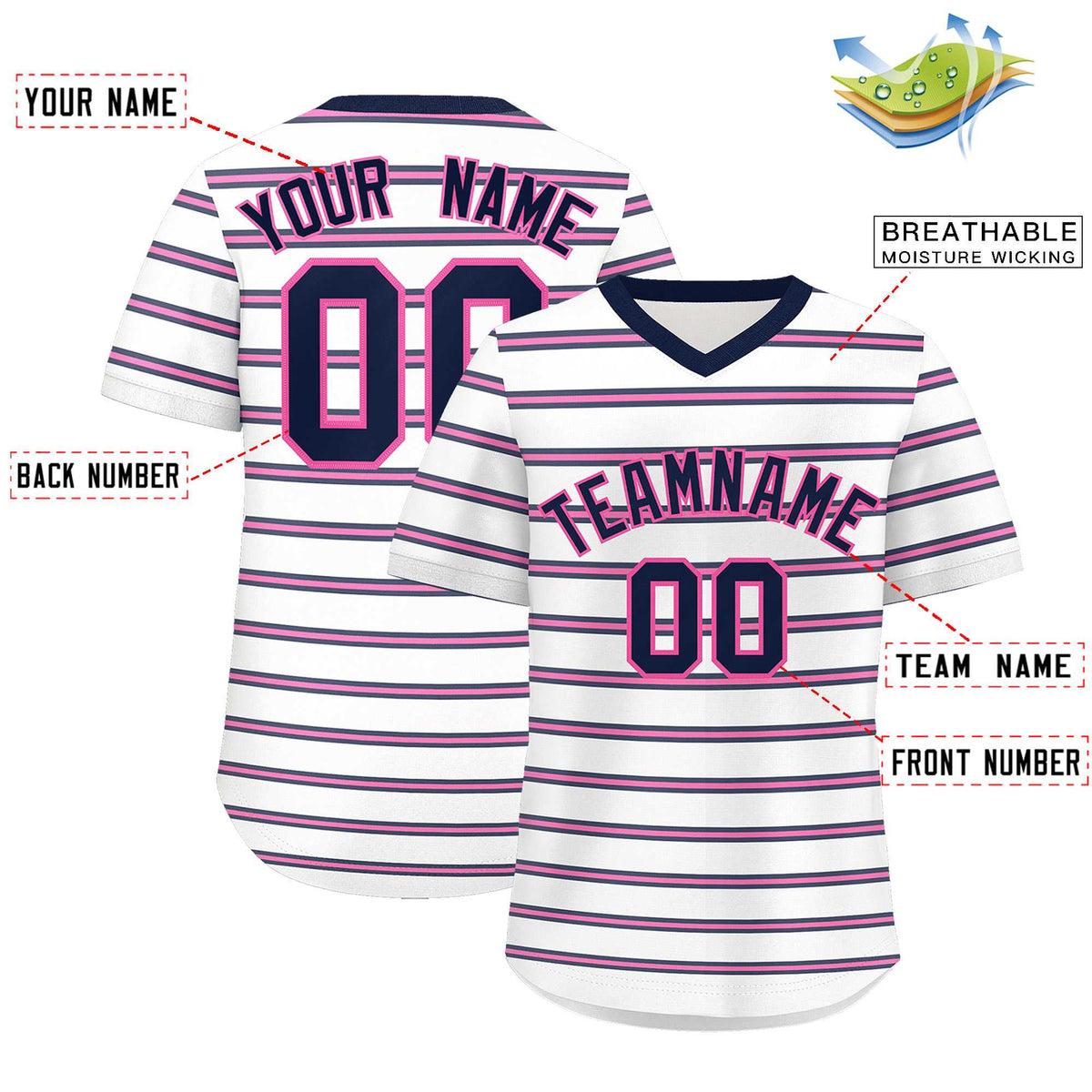 Custom White Navy-Pink Personalized Horizontal Stripe Authentic Pullover Baseball Jersey | KXKSHOP