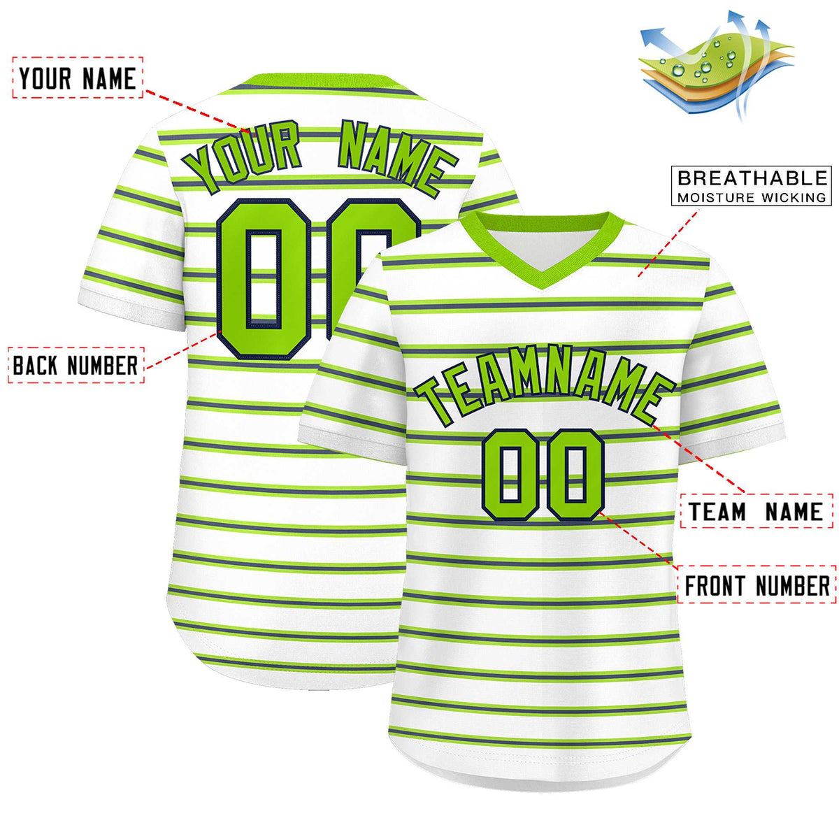 Custom White Neon Green-Navy Personalized Horizontal Stripe Authentic Pullover Baseball Jersey | KXKSHOP