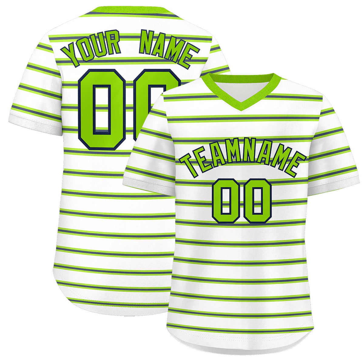 Custom White Neon Green-Navy Personalized Horizontal Stripe Authentic Pullover Baseball Jersey | KXKSHOP